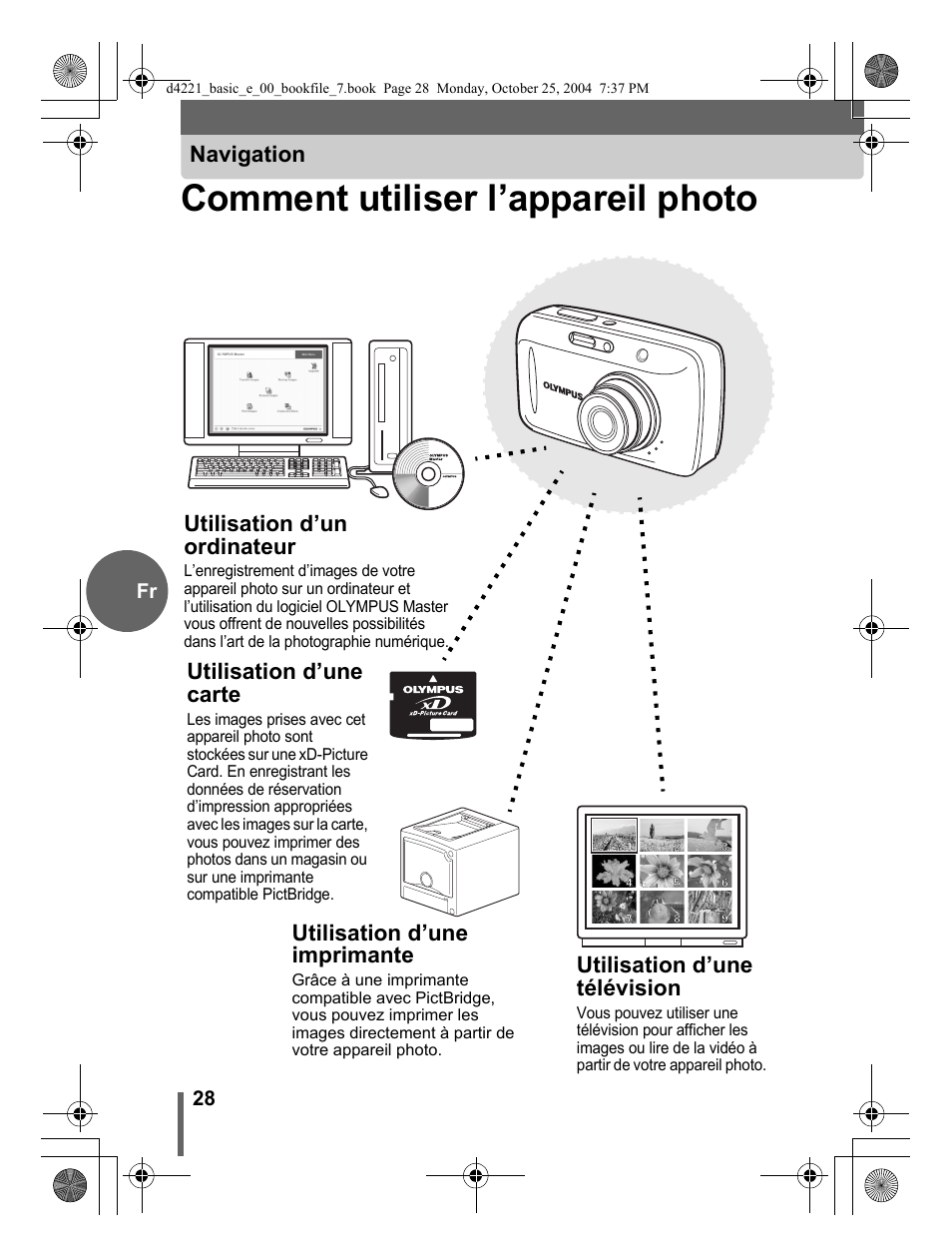 Comment utiliser l’appareil photo, Navigation, Utilisation d’une carte | Utilisation d’un ordinateur, Utilisation d’une imprimante, Utilisation d’une télévision | Olympus Stylus 500 Digital User Manual | Page 28 / 100