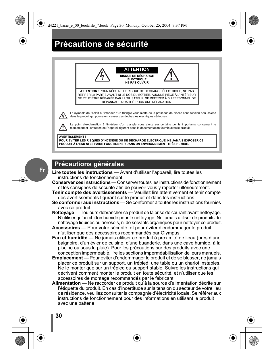 Précautions de sécurité, Précautions générales, 30 fr | Olympus Stylus 500 Digital User Manual | Page 30 / 100