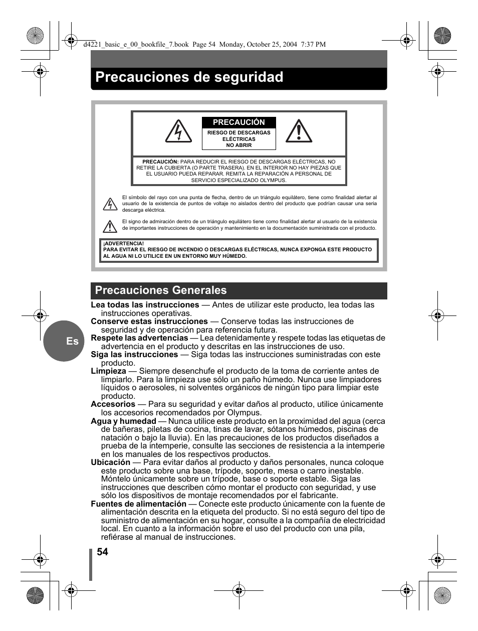 Precauciones de seguridad, Precauciones generales, 54 es | Olympus Stylus 500 Digital User Manual | Page 54 / 100