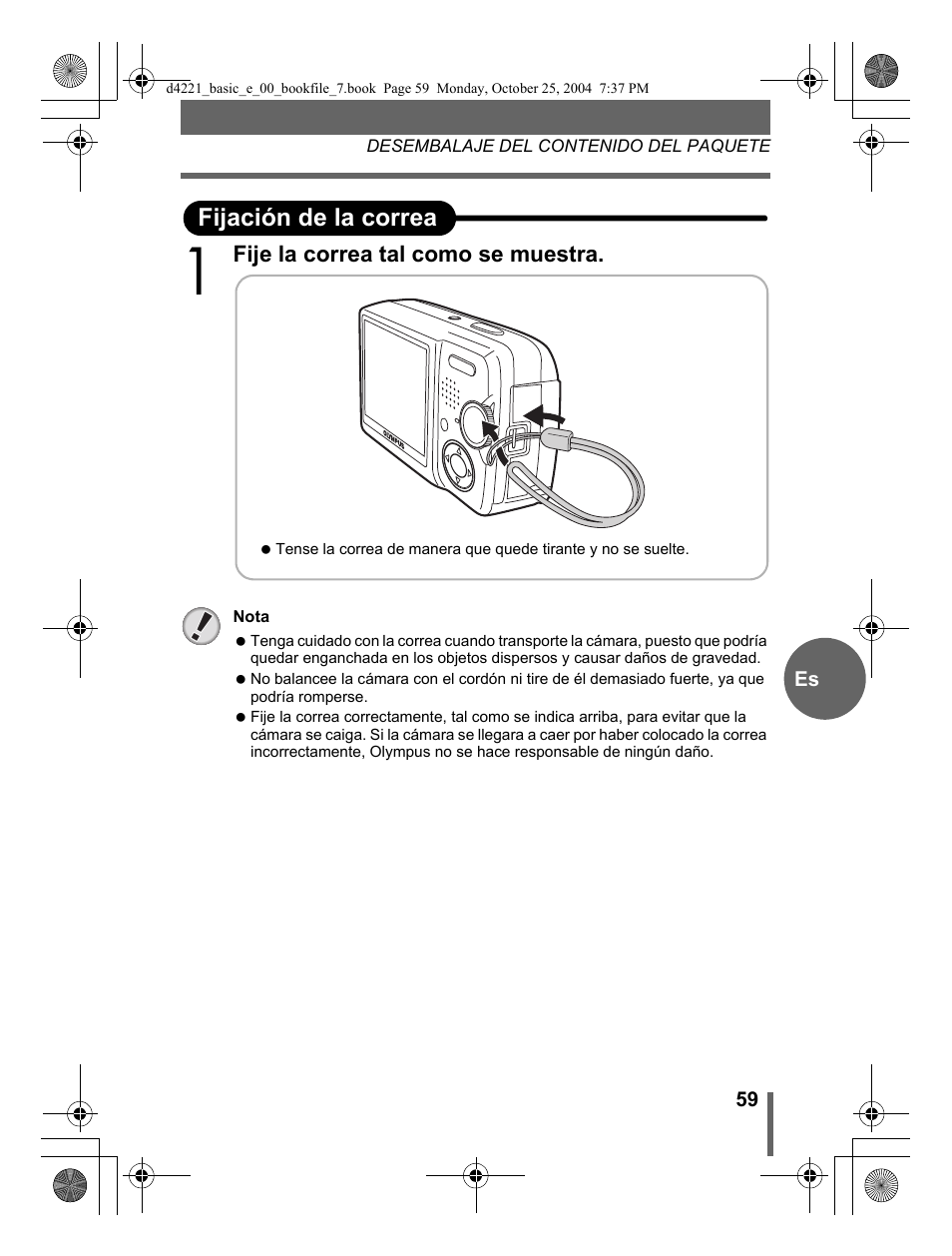 Fijación de la correa | Olympus Stylus 500 Digital User Manual | Page 59 / 100