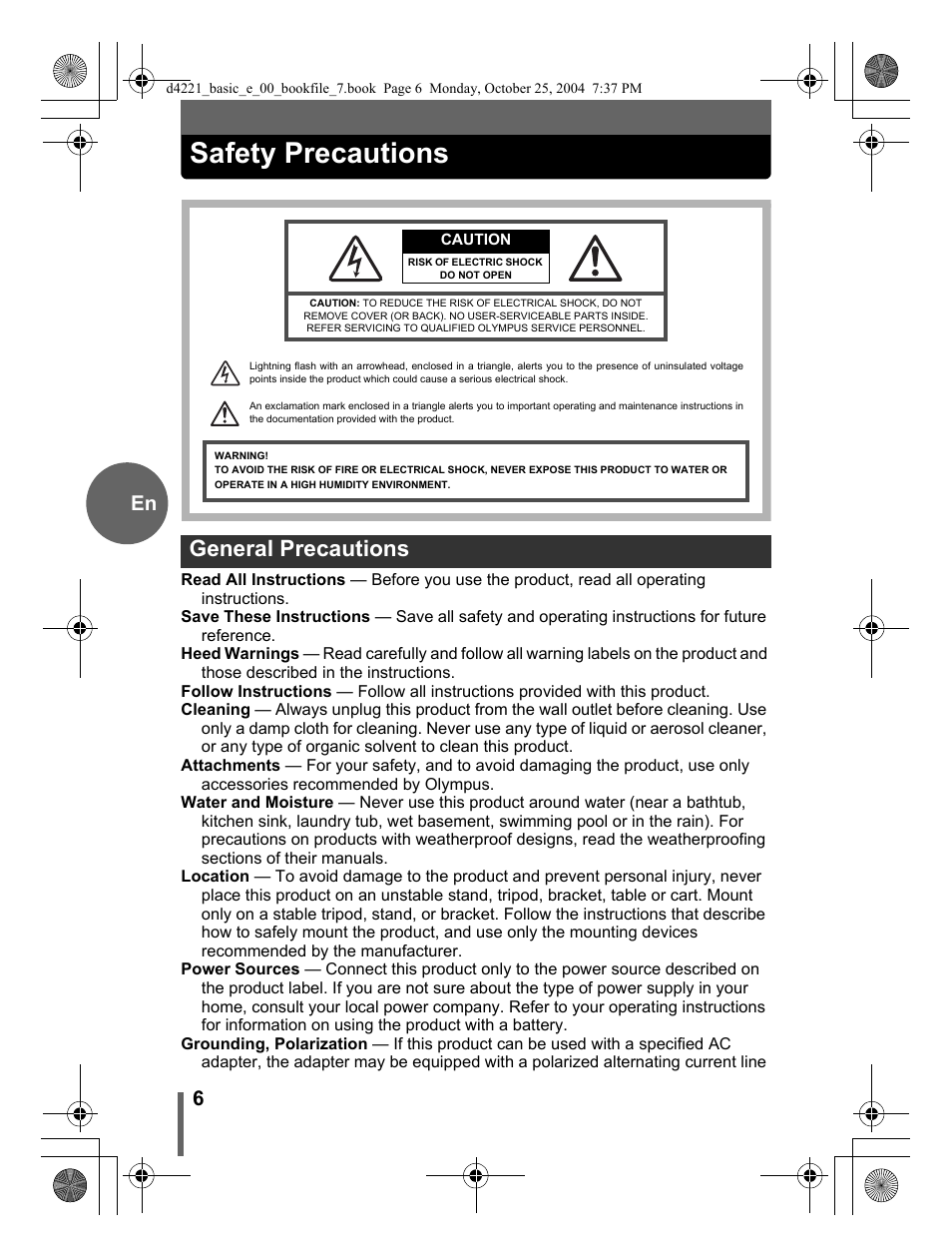 Safety precautions, General precautions | Olympus Stylus 500 Digital User Manual | Page 6 / 100