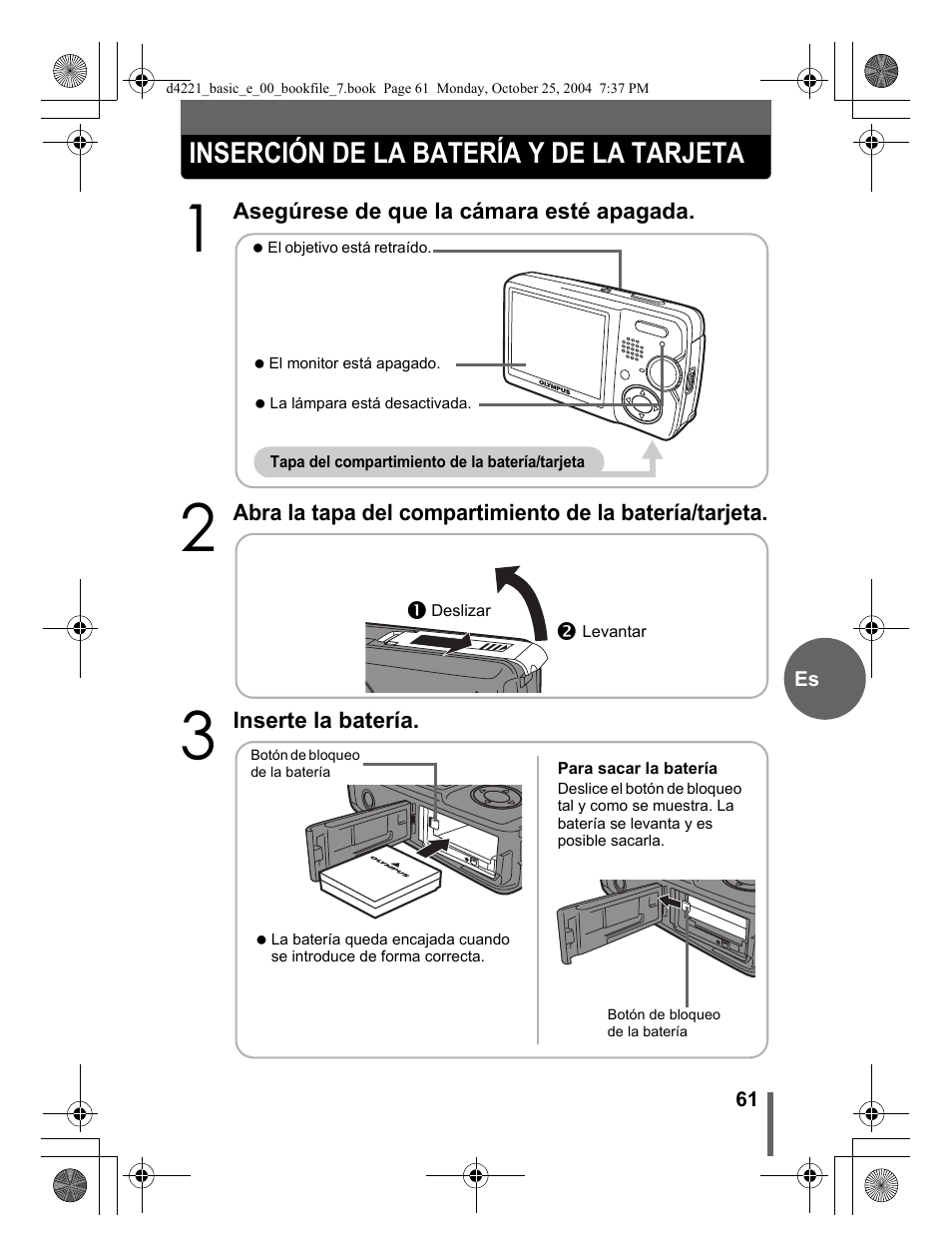 Inserción de la batería y de la tarjeta | Olympus Stylus 500 Digital User Manual | Page 61 / 100