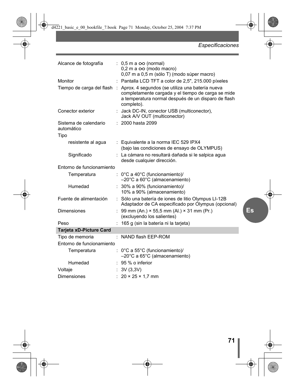 71 es | Olympus Stylus 500 Digital User Manual | Page 71 / 100