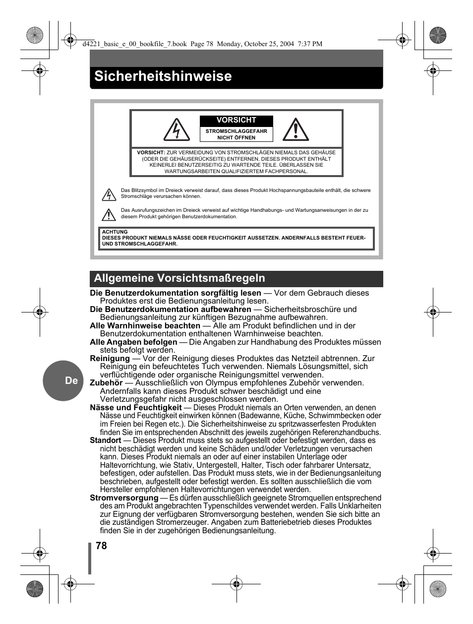 Sicherheitshinweise, Allgemeine vorsichtsmaßregeln, 78 de | Olympus Stylus 500 Digital User Manual | Page 78 / 100