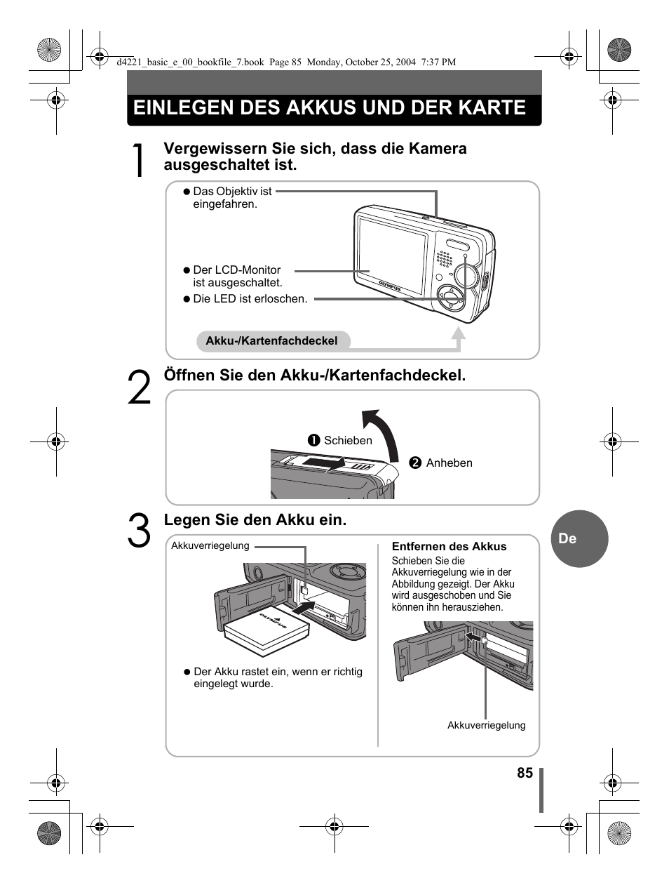 Einlegen des akkus und der karte | Olympus Stylus 500 Digital User Manual | Page 85 / 100