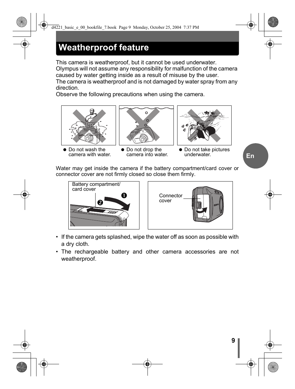 Weatherproof feature | Olympus Stylus 500 Digital User Manual | Page 9 / 100