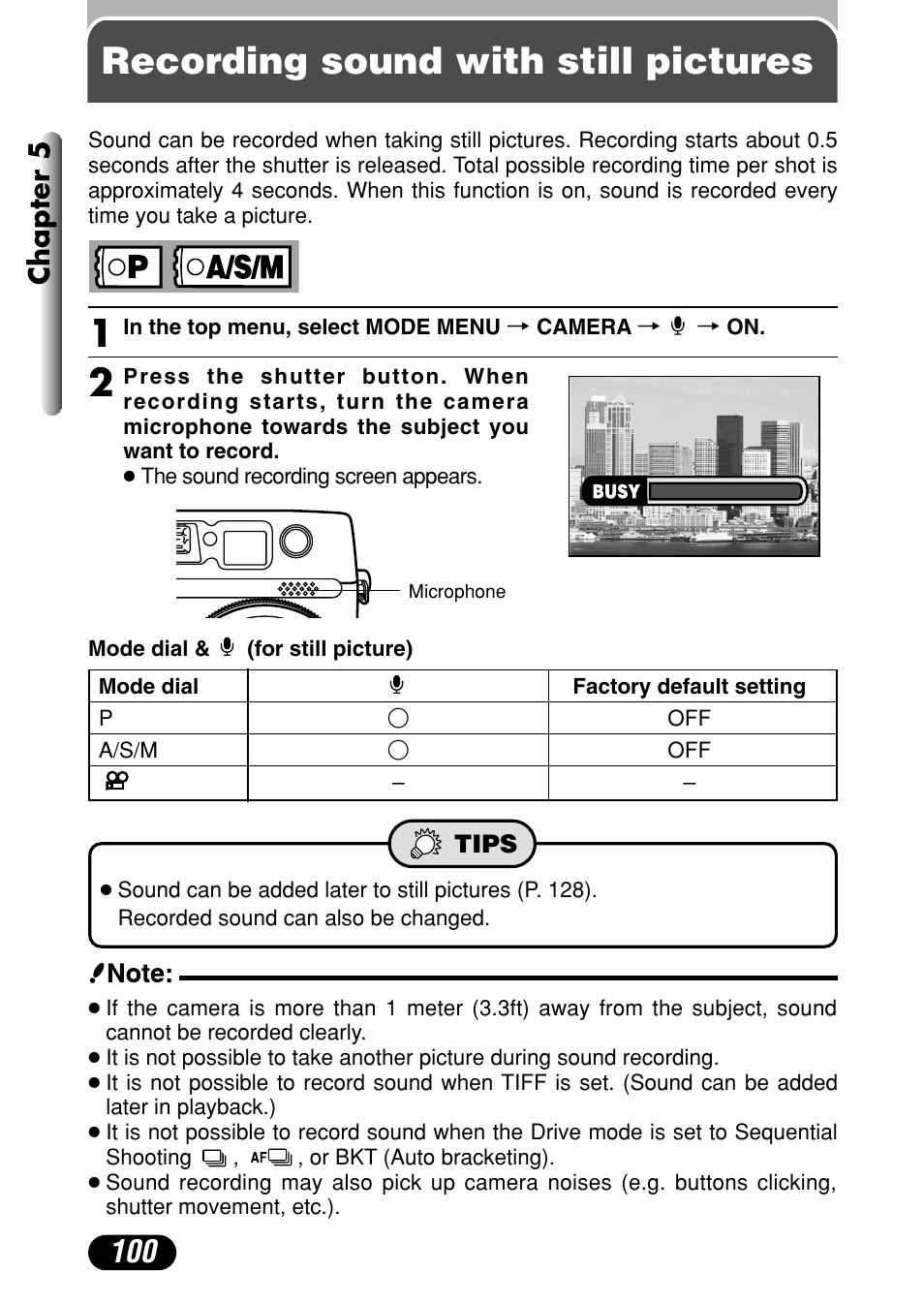 Recording sound with with pictures, Recording sound with still pictures, Chapter 5 | Olympus C-4040 Zoom User Manual | Page 100 / 200