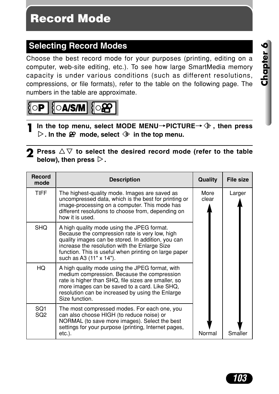 Record mode, Selecting record modes 103, Chapter 6 | Selecting record modes | Olympus C-4040 Zoom User Manual | Page 103 / 200