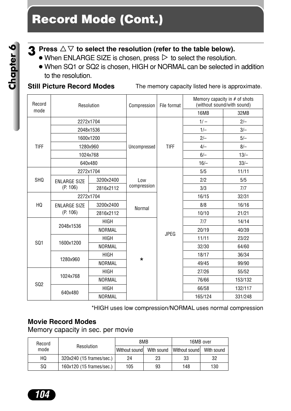 Record mode (cont.), Chapter 6, Press | Still picture record modes | Olympus C-4040 Zoom User Manual | Page 104 / 200