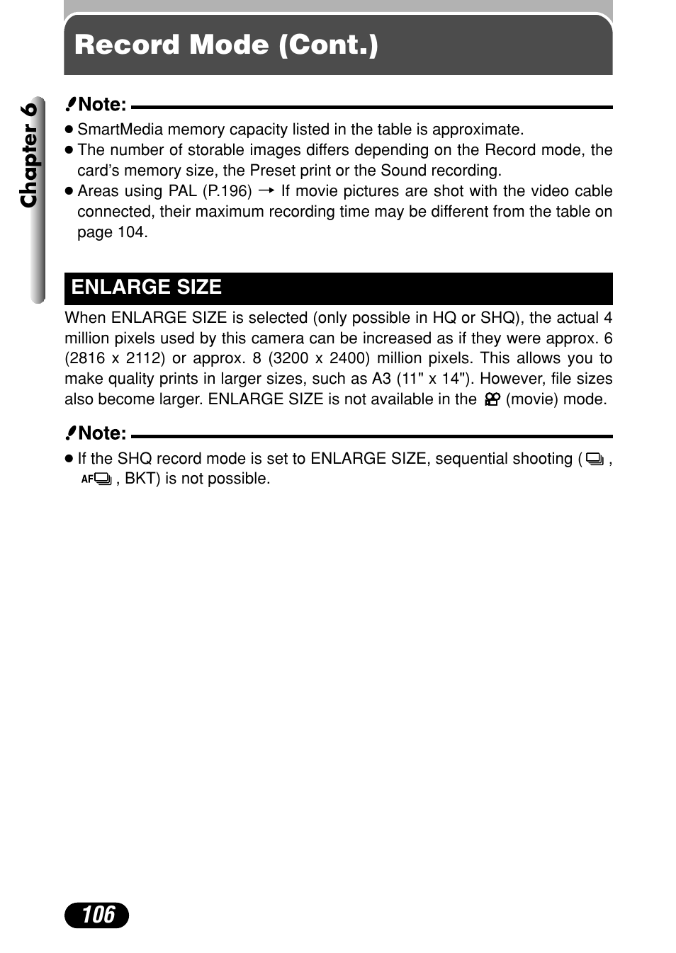 Enlarge size 106, Record mode (cont.) | Olympus C-4040 Zoom User Manual | Page 106 / 200