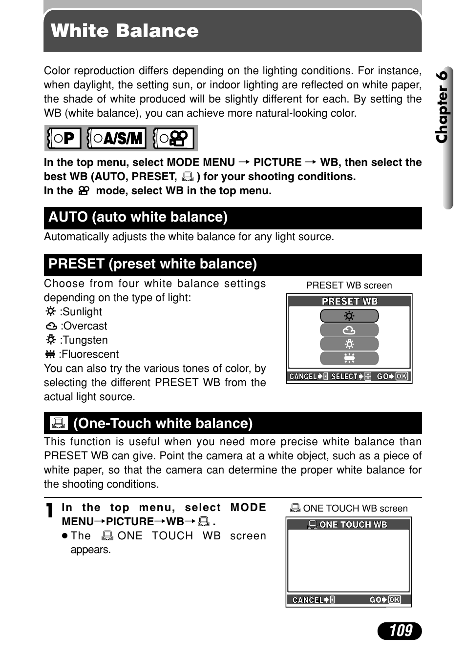 White balance, One-touch white balance) 109, Chapter 6 | Auto (auto white balance), Preset (preset white balance), One-touch white balance) | Olympus C-4040 Zoom User Manual | Page 109 / 200