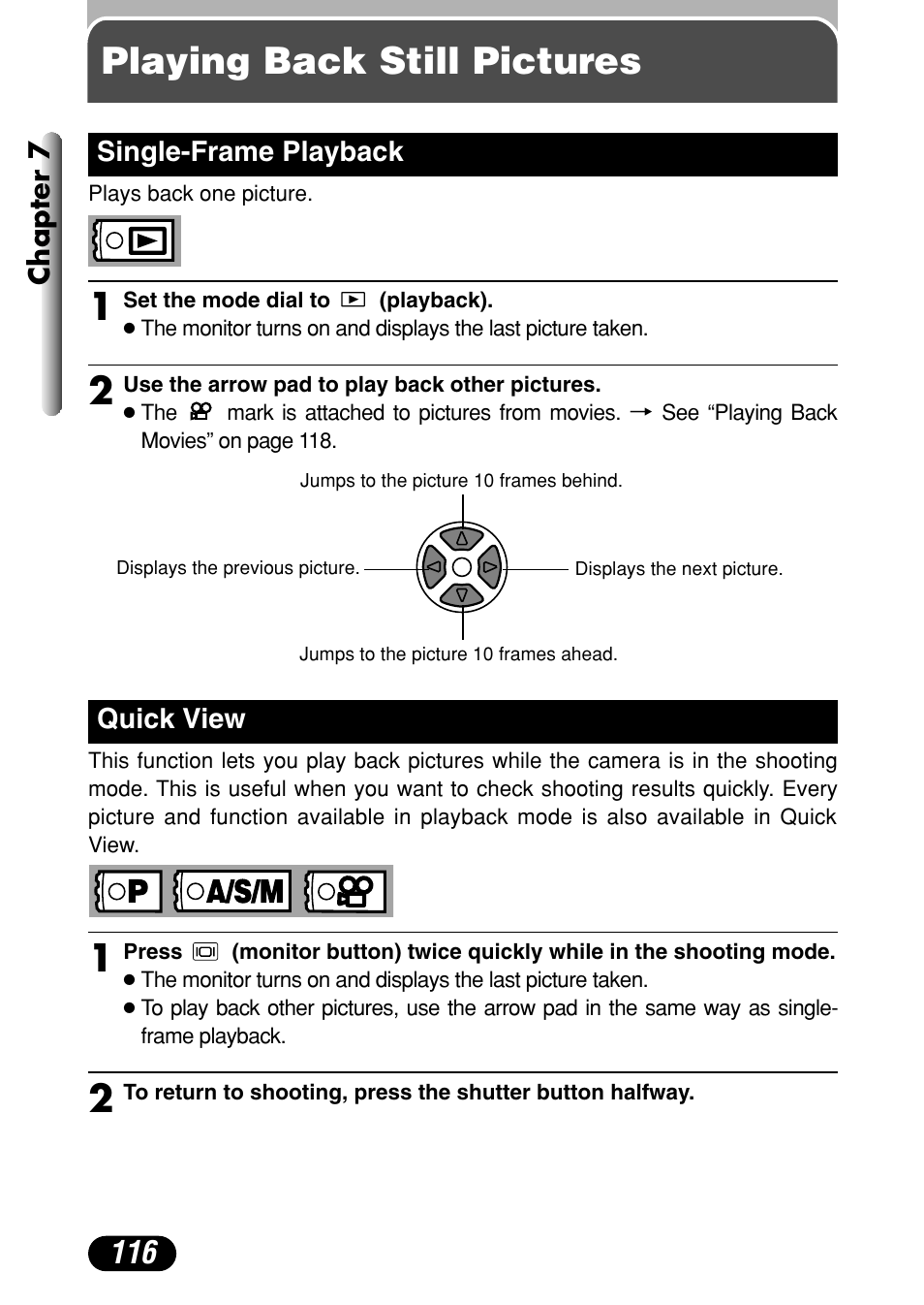 Playing back still pictures, Single-frame playback 116 quick view 116, Playing back still pictures 1 | Olympus C-4040 Zoom User Manual | Page 116 / 200