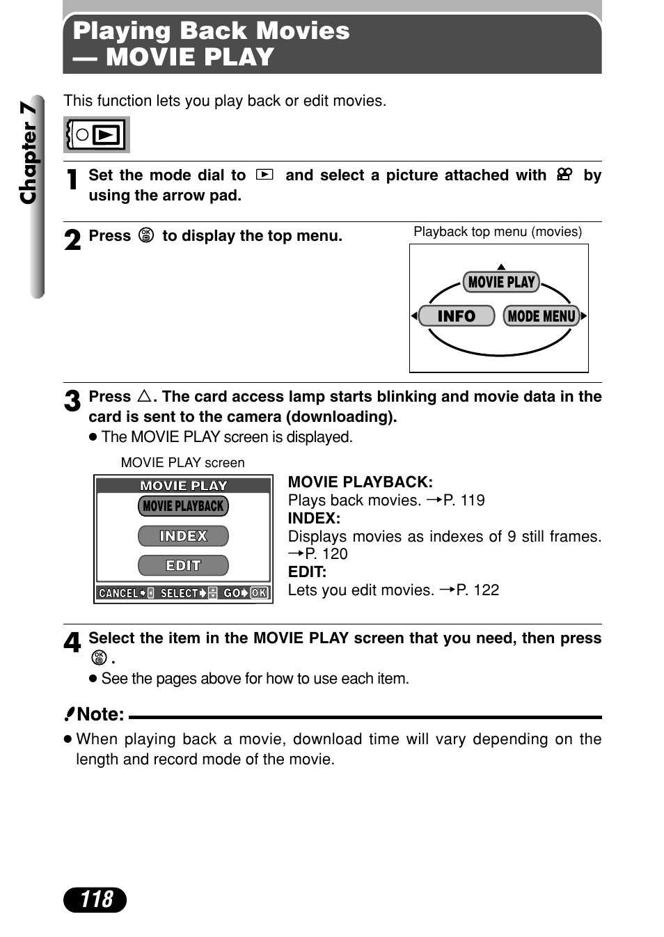 Playing back movies — movie play, Chapter 7 | Olympus C-4040 Zoom User Manual | Page 118 / 200