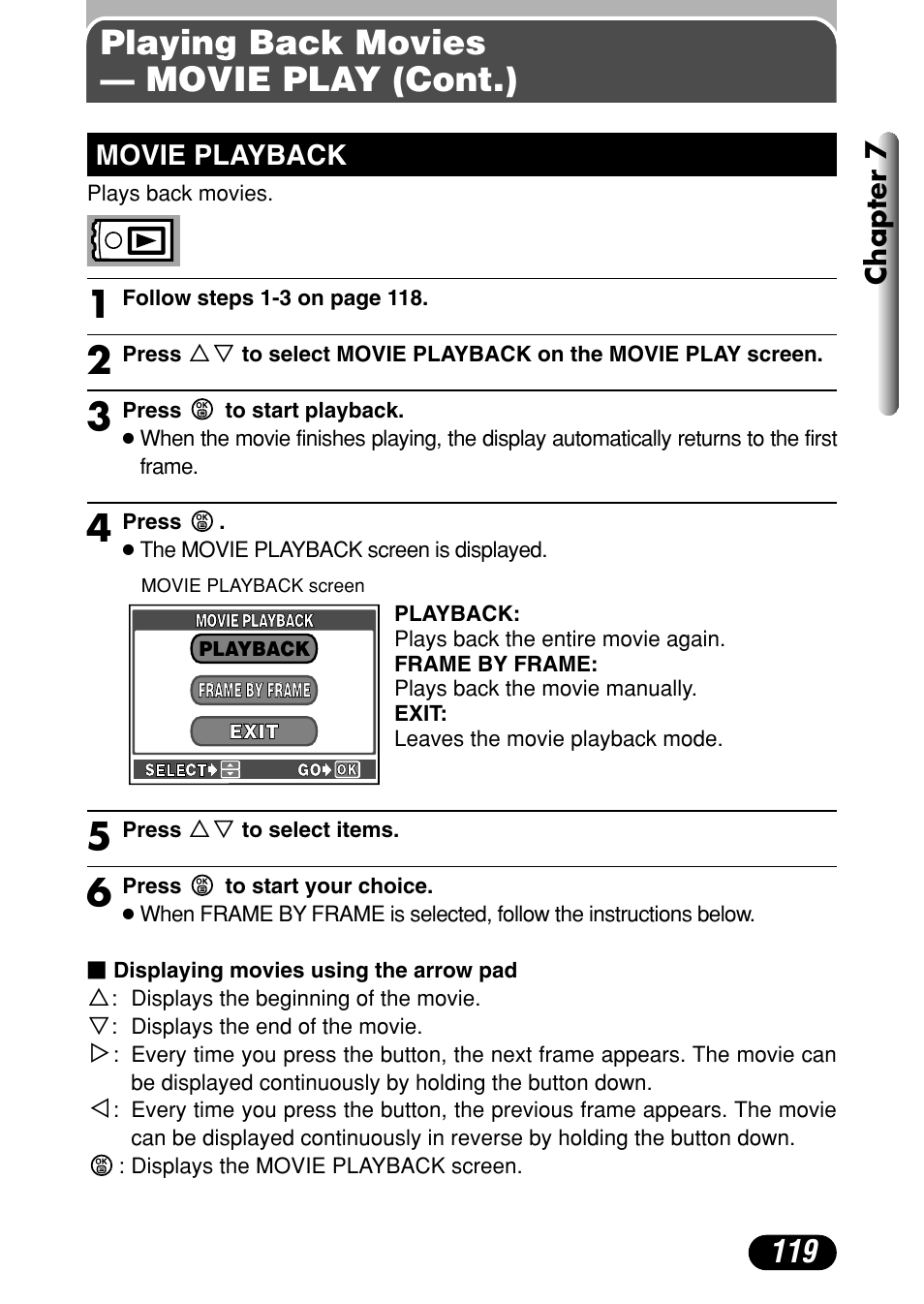 Movie playback 119, Playing back movies — movie play (cont.) | Olympus C-4040 Zoom User Manual | Page 119 / 200