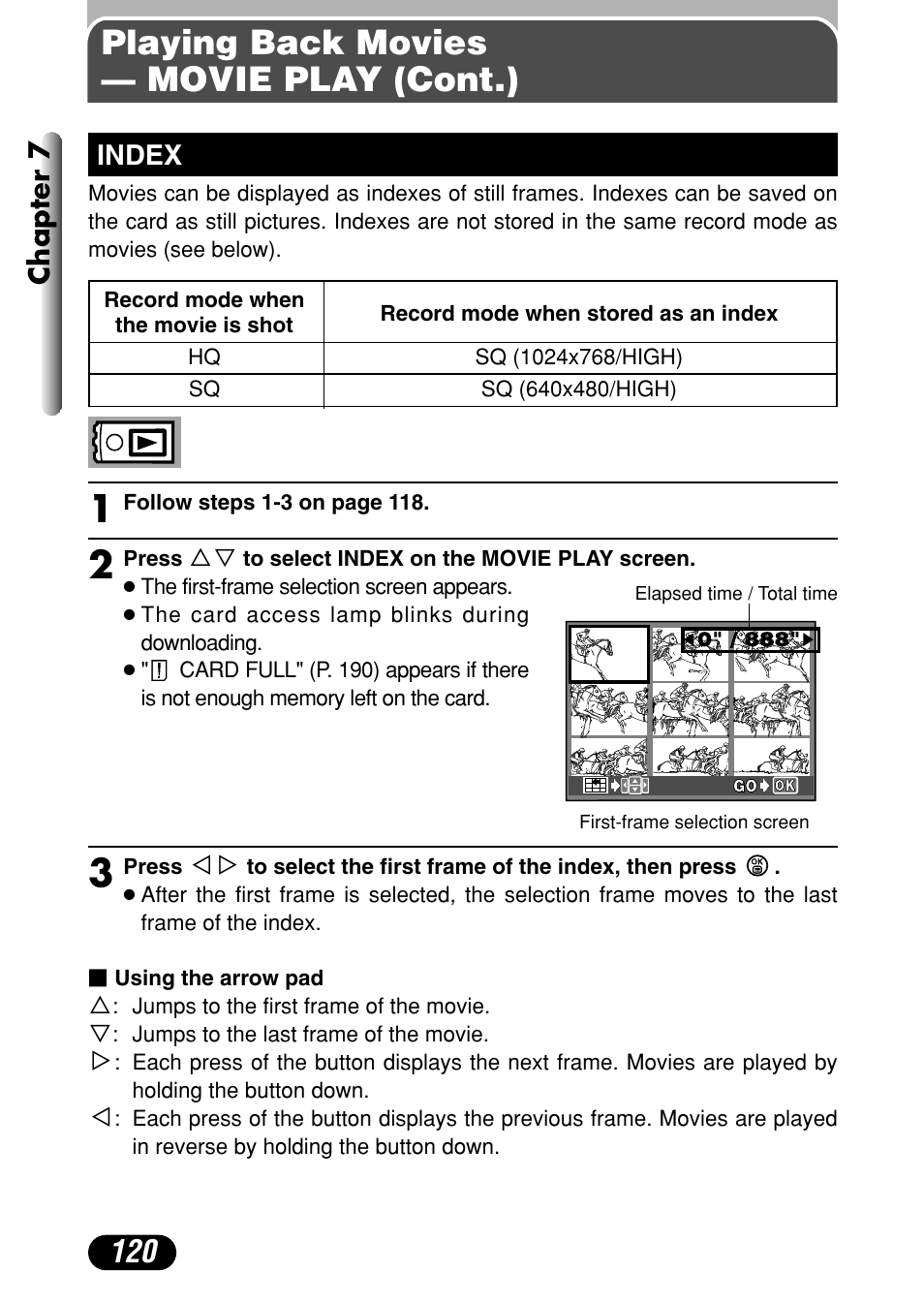 Index 120, Playing back movies — movie play (cont.), Chapter 7 | Index | Olympus C-4040 Zoom User Manual | Page 120 / 200