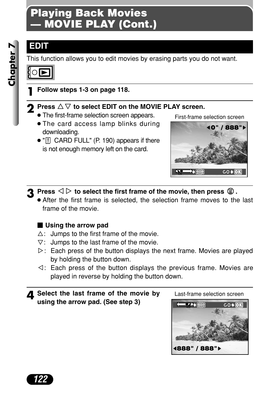 Edit 122, Playing back movies — movie play (cont.), Chapter 7 | Edit | Olympus C-4040 Zoom User Manual | Page 122 / 200