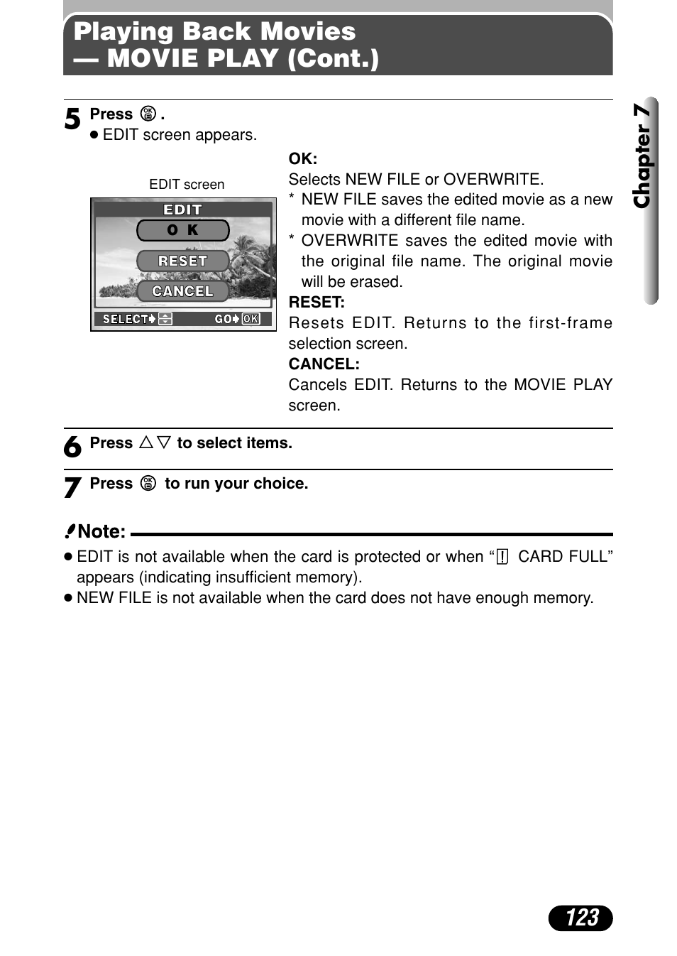 Playing back movies — movie play (cont.), Chapter 7 | Olympus C-4040 Zoom User Manual | Page 123 / 200