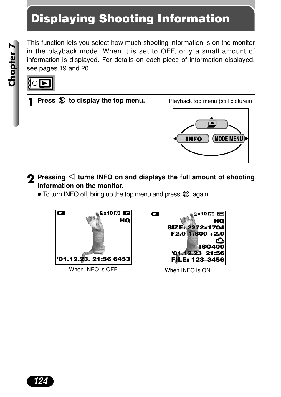 Displaying shooting information, Chapter 7 | Olympus C-4040 Zoom User Manual | Page 124 / 200