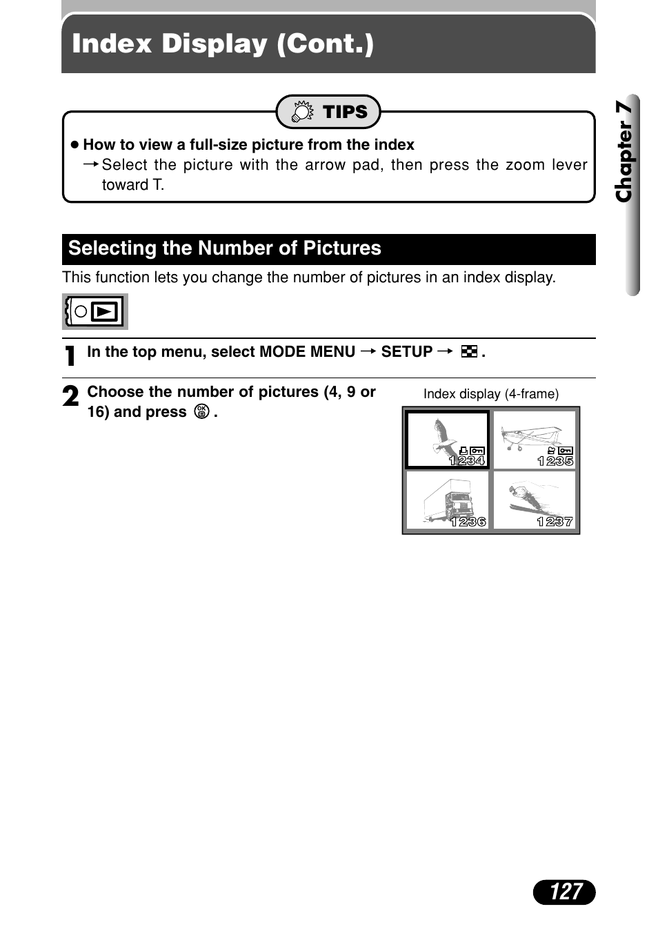 Selecting the number of pictures 127, Index display (cont.) | Olympus C-4040 Zoom User Manual | Page 127 / 200