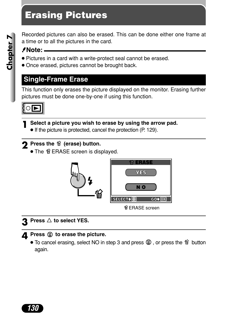 Erasing pictures, Single-frame erase 130, Chapter 7 | Single-frame erase | Olympus C-4040 Zoom User Manual | Page 130 / 200