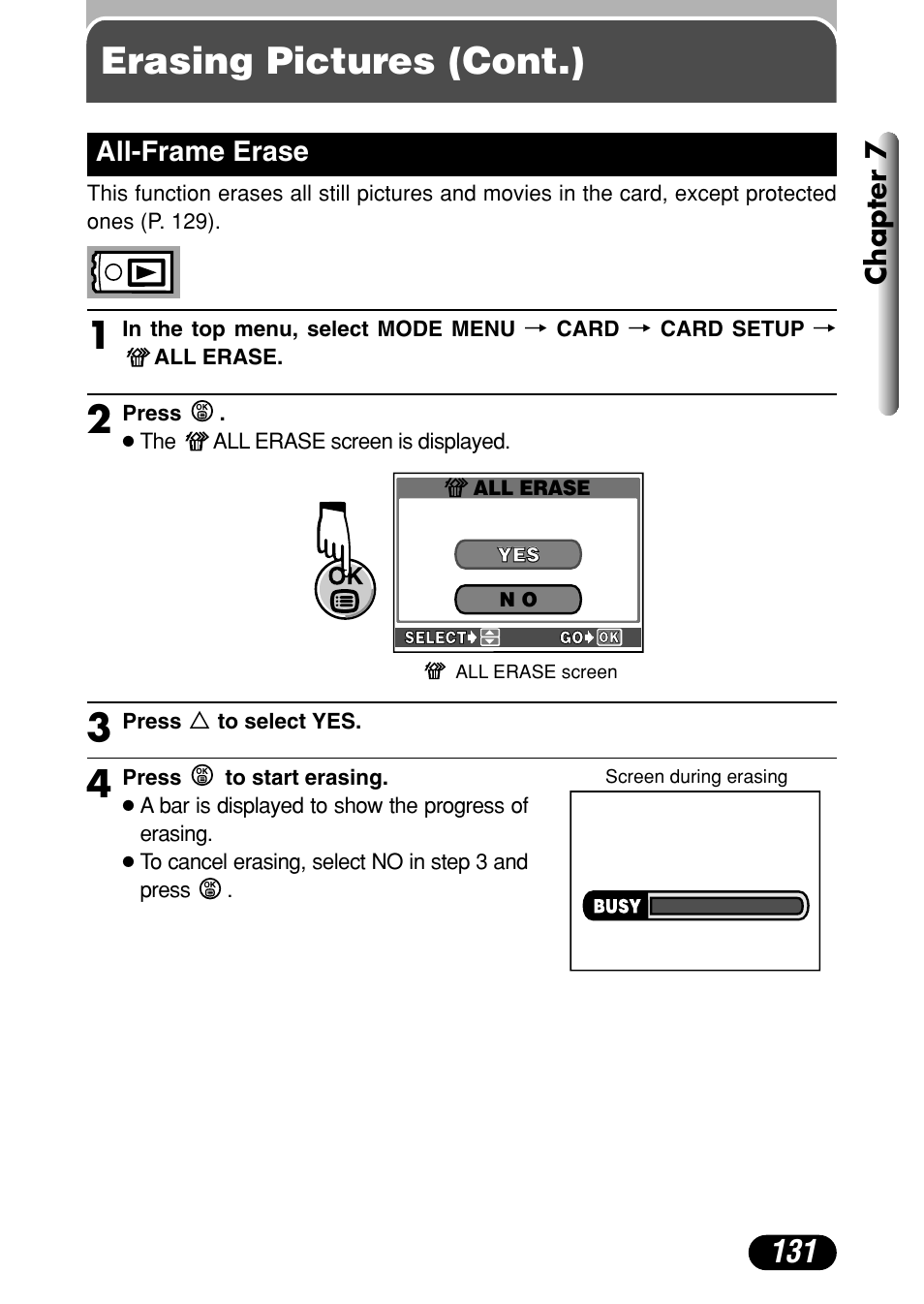 All-frame erase 131, Erasing pictures (cont.) 1, Chapter 7 | All-frame erase | Olympus C-4040 Zoom User Manual | Page 131 / 200