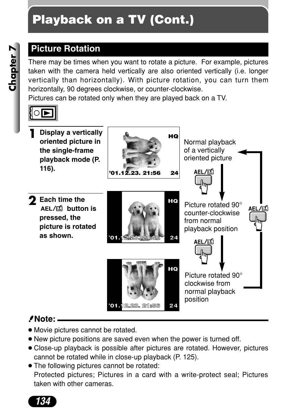Picture rotation 134, Playback on a tv (cont.), Chapter 7 | Picture rotation | Olympus C-4040 Zoom User Manual | Page 134 / 200