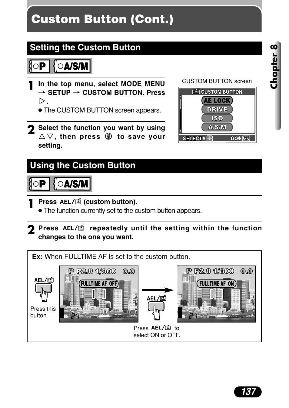 Custom button (cont.), Chapter 8, Setting the custom button | Using the custom button | Olympus C-4040 Zoom User Manual | Page 137 / 200