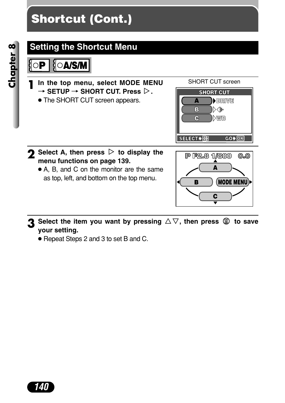 Setting the shortcut menu 140, Shortcut (cont.), Chapter 8 | Setting the shortcut menu | Olympus C-4040 Zoom User Manual | Page 140 / 200