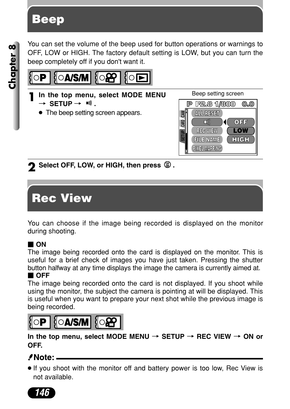 Beep, Rec view, Beep rec view | Chapter 8 | Olympus C-4040 Zoom User Manual | Page 146 / 200