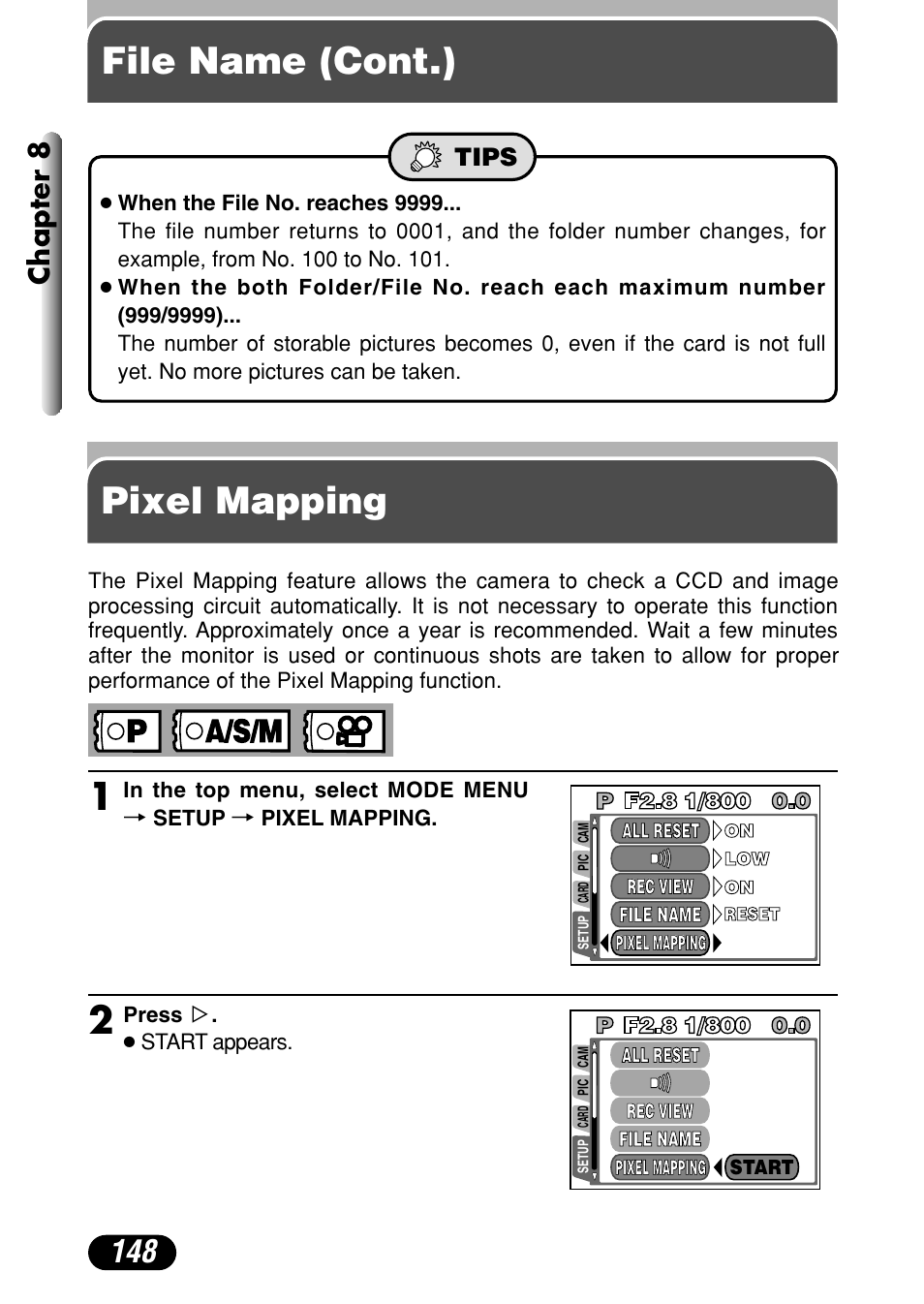 Pixel mapping, File name (cont.), Chapter 8 | Tips | Olympus C-4040 Zoom User Manual | Page 148 / 200