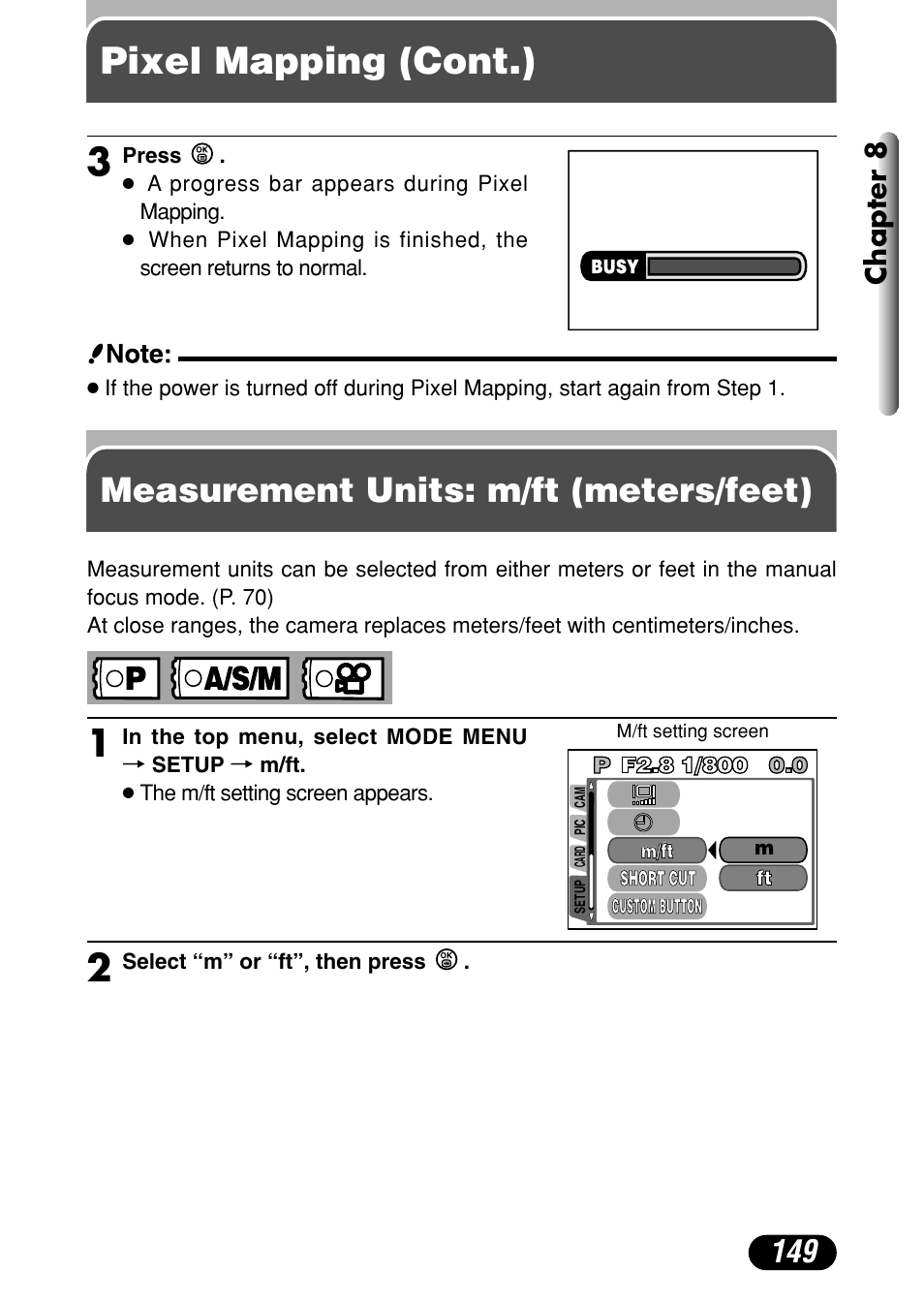 Measurement units: m/ft (meters/feet), Pixel mapping (cont.), Chapter 8 | Olympus C-4040 Zoom User Manual | Page 149 / 200