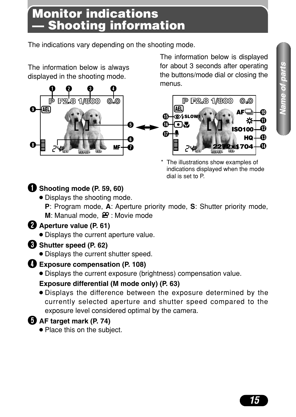 Monitor indications — shooting information, Monitor indications — shooting information 15 | Olympus C-4040 Zoom User Manual | Page 15 / 200