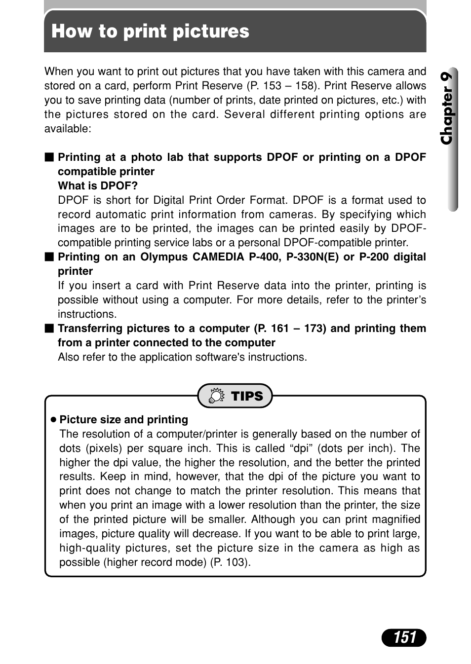 How to print pictures, Chapter 9 | Olympus C-4040 Zoom User Manual | Page 151 / 200