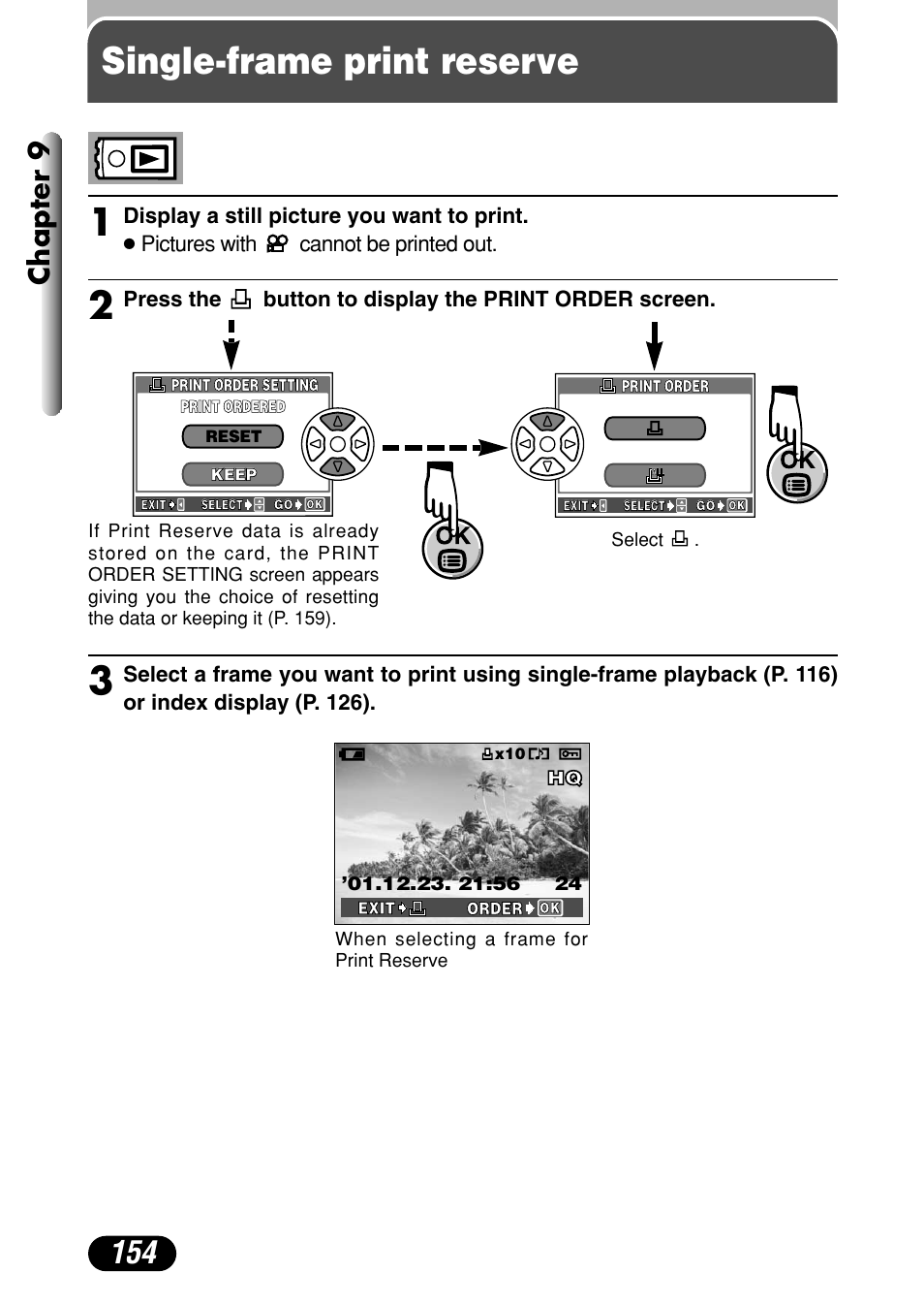 Single-frame print reserve, Single-frame print reserve 1, Chapter 9 | Olympus C-4040 Zoom User Manual | Page 154 / 200