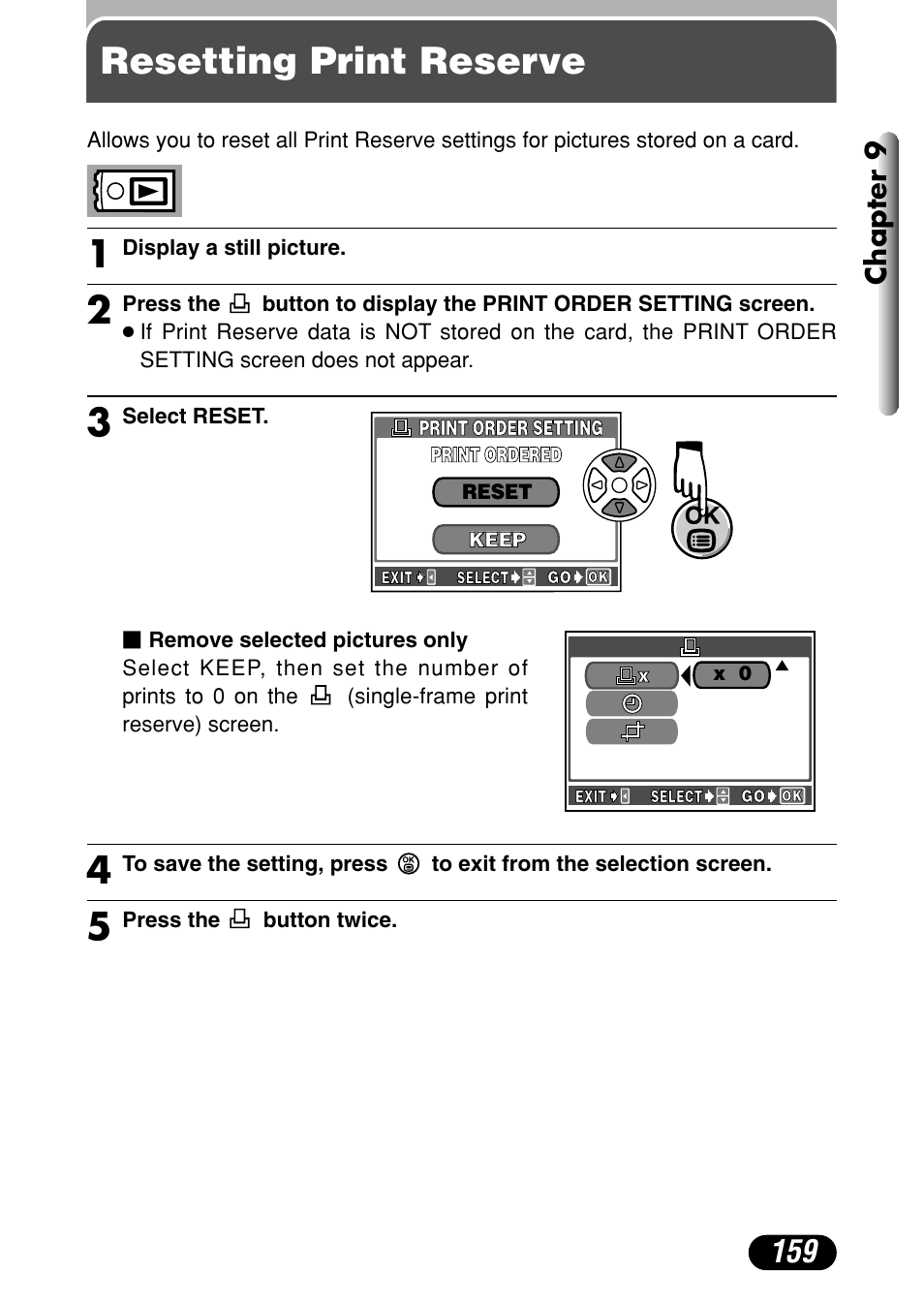 Resetting print reserve, Chapter 9 | Olympus C-4040 Zoom User Manual | Page 159 / 200