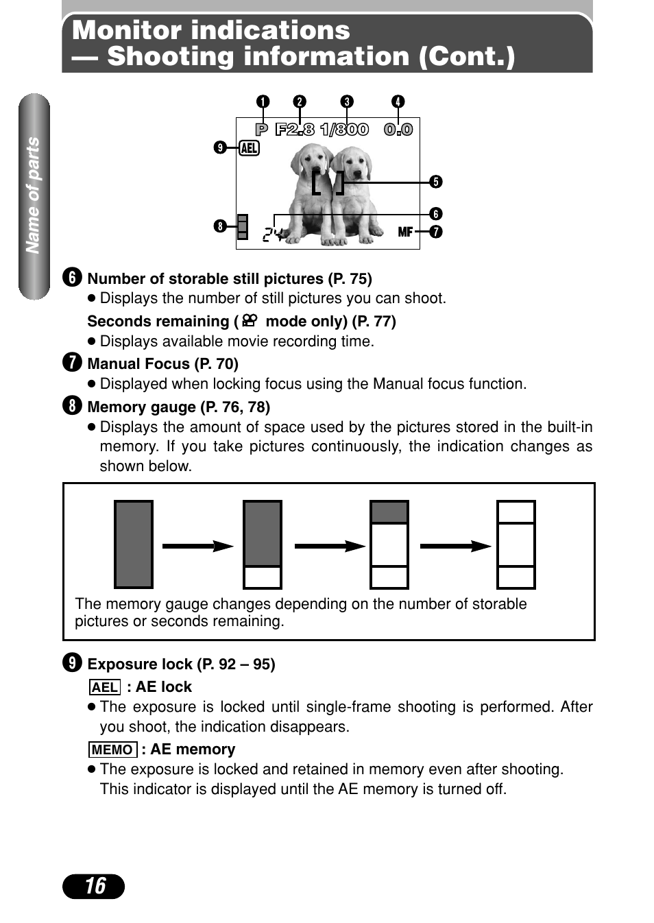 Monitor indications — shooting information (cont.) | Olympus C-4040 Zoom User Manual | Page 16 / 200