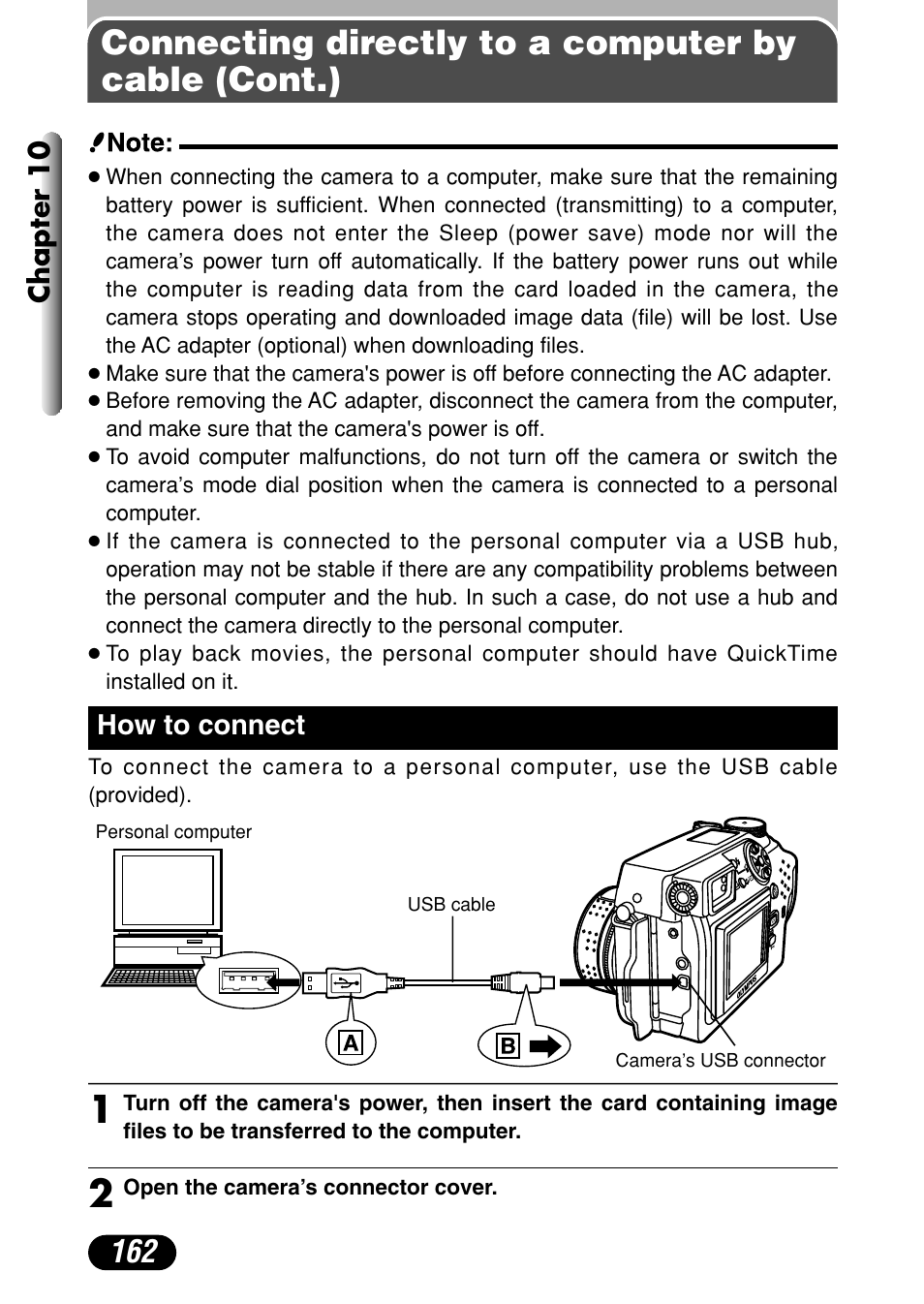 How to connect 162, Connecting directly to a computer by cable (cont.), Chapter 10 | How to connect | Olympus C-4040 Zoom User Manual | Page 162 / 200