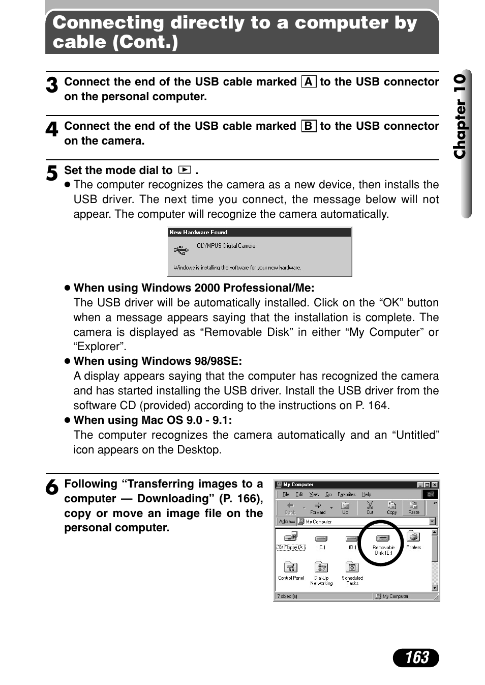 Connecting directly to a computer by cable (cont.) | Olympus C-4040 Zoom User Manual | Page 163 / 200