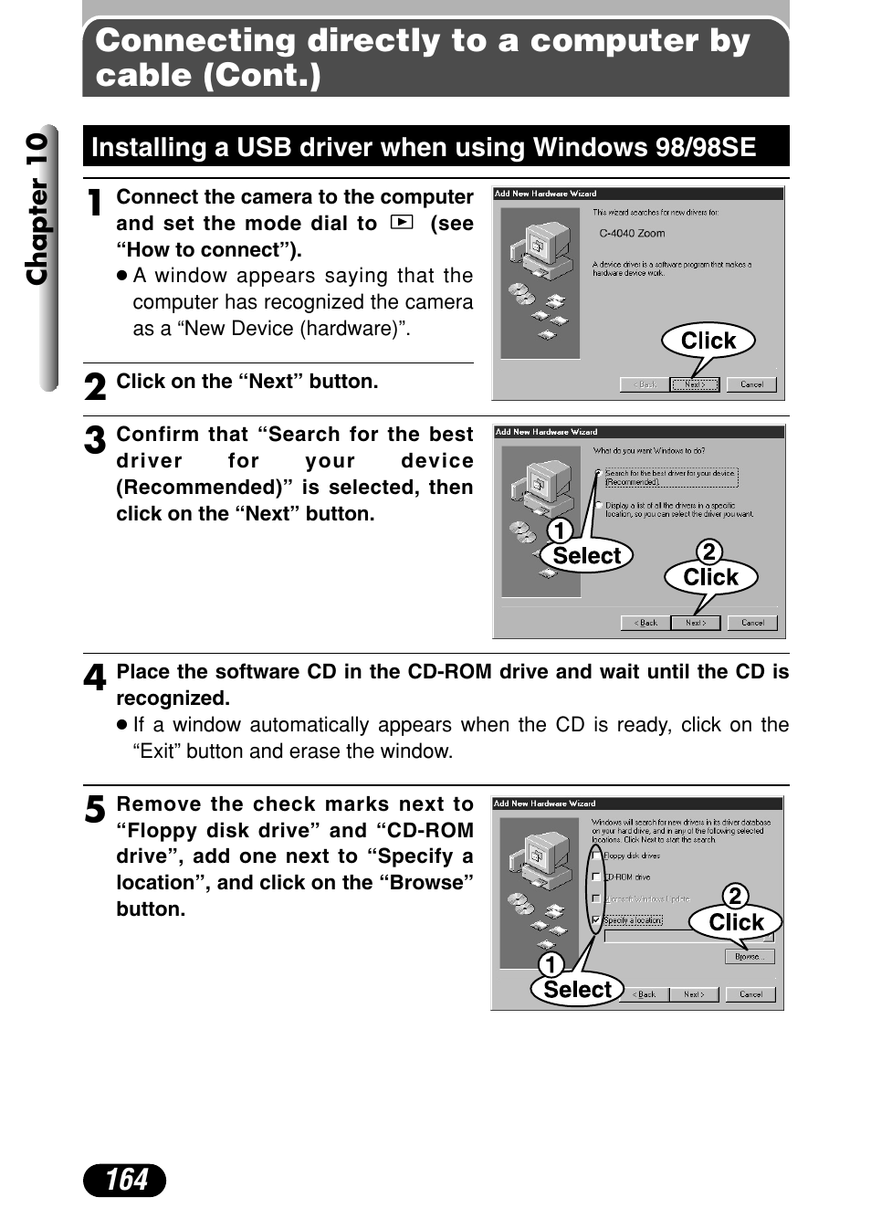 Connecting directly to a computer by cable (cont.) | Olympus C-4040 Zoom User Manual | Page 164 / 200