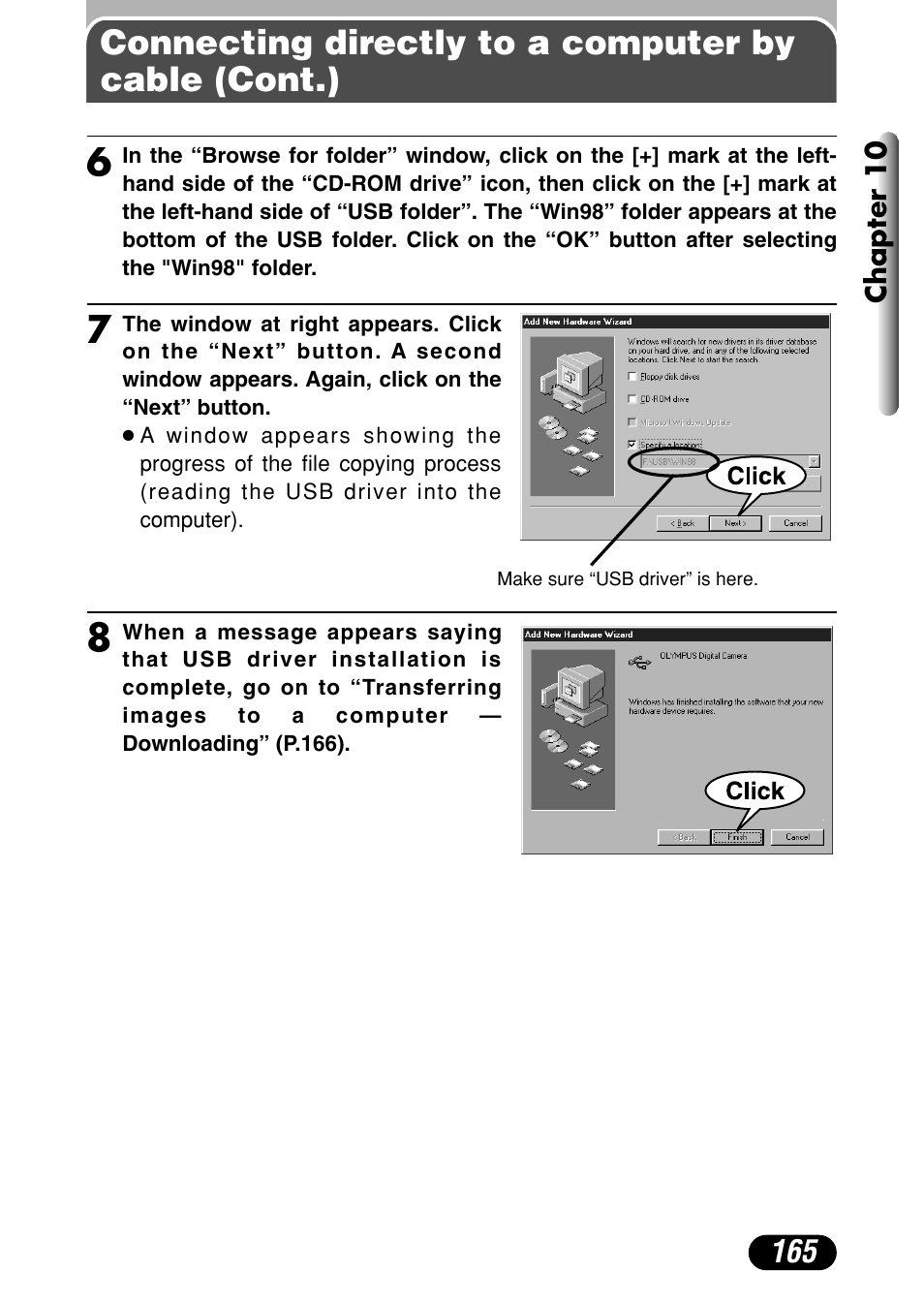 Connecting directly to a computer by cable (cont.) | Olympus C-4040 Zoom User Manual | Page 165 / 200