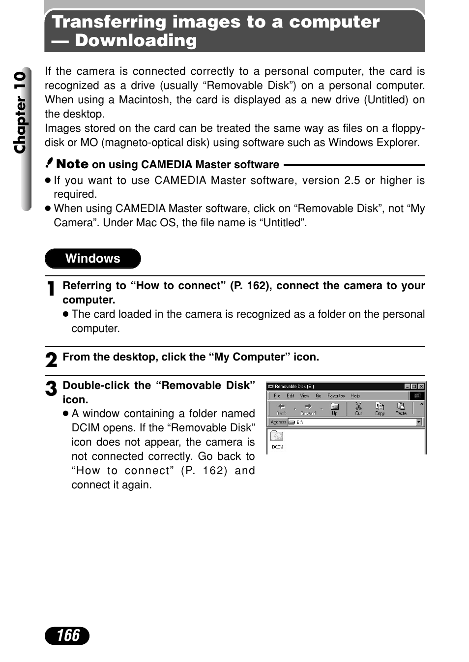 Transferring images to a computer — downloading | Olympus C-4040 Zoom User Manual | Page 166 / 200