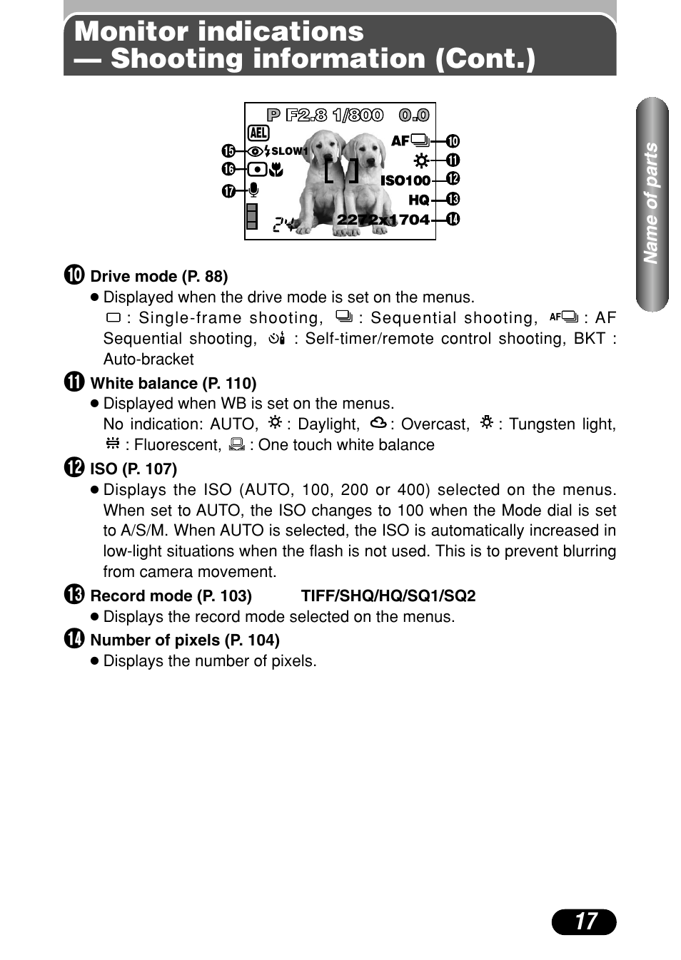 Monitor indications — shooting information (cont.) | Olympus C-4040 Zoom User Manual | Page 17 / 200