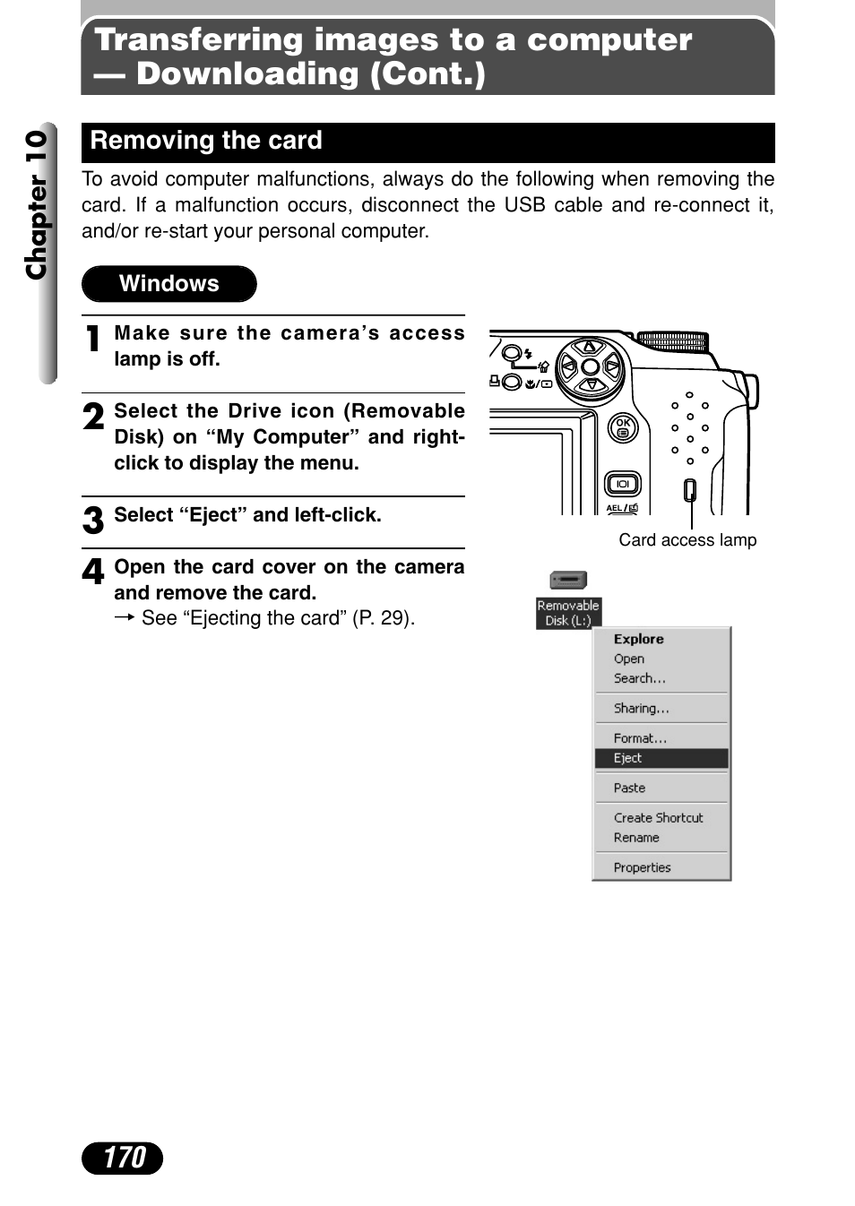 Removing the card 170 | Olympus C-4040 Zoom User Manual | Page 170 / 200