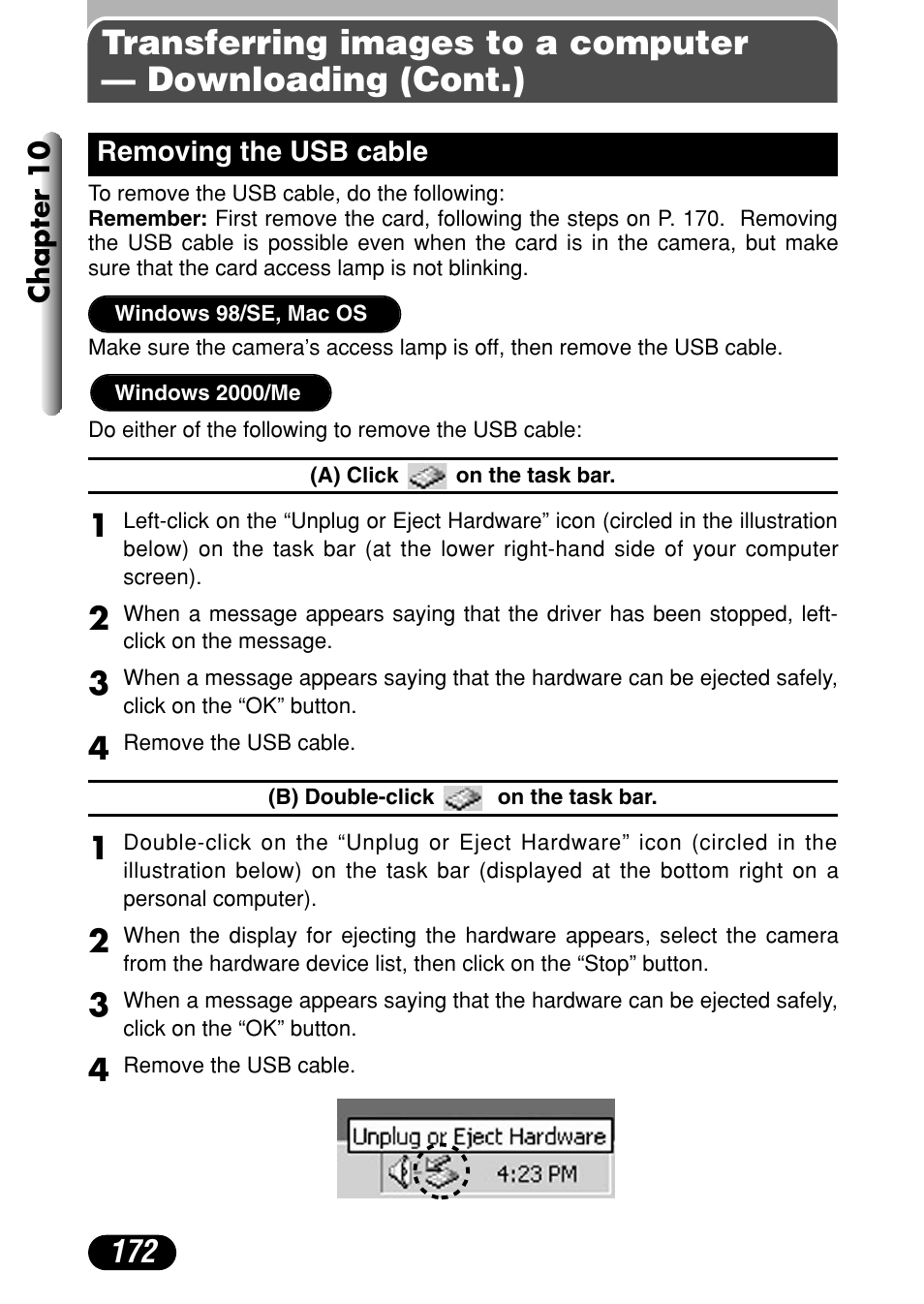 Removing the usb cable 172 | Olympus C-4040 Zoom User Manual | Page 172 / 200