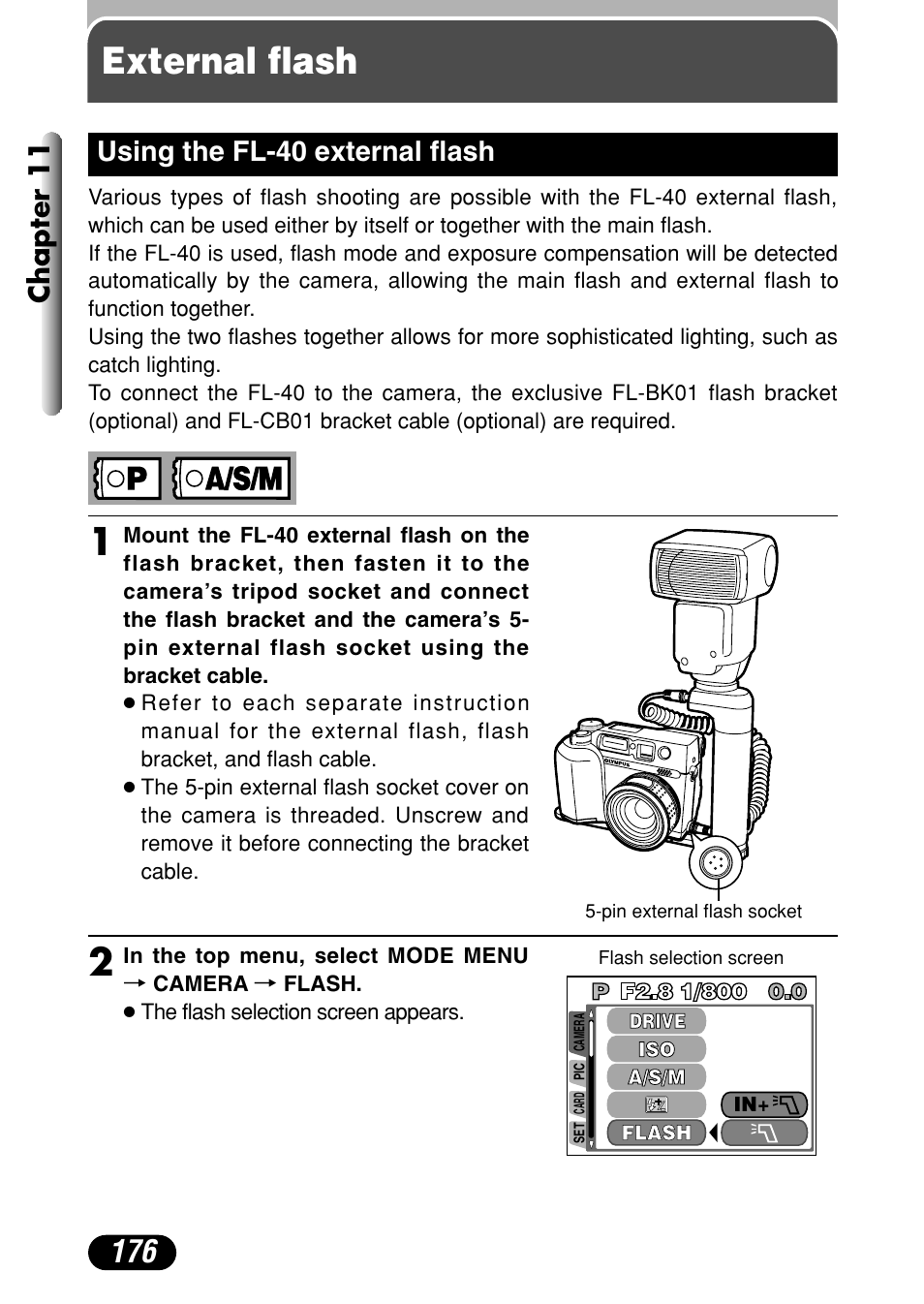 External flash, Using the fl-40 external flash 176, Chapter 11 using the fl-40 external flash | Olympus C-4040 Zoom User Manual | Page 176 / 200