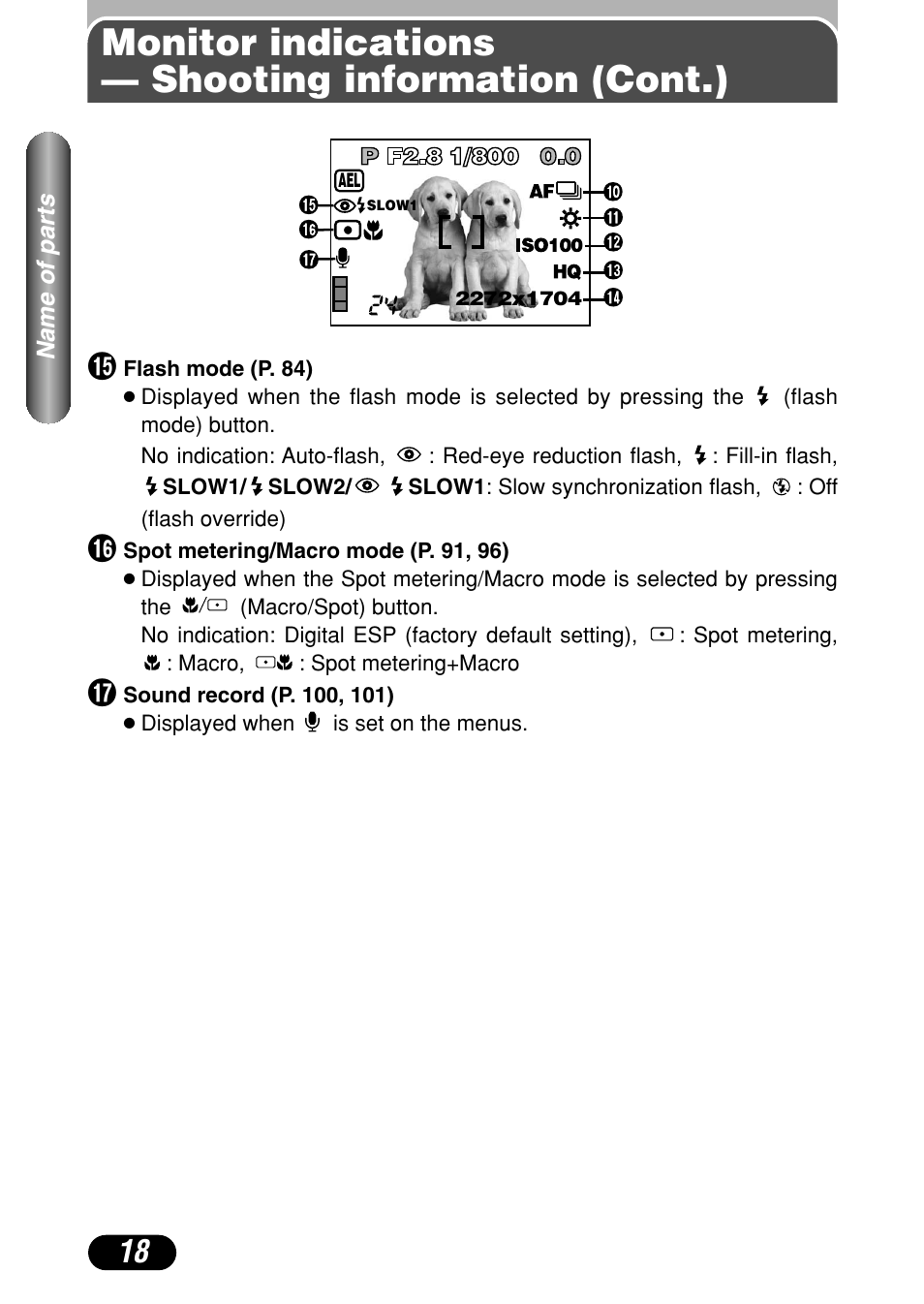 Monitor indications — shooting information (cont.) | Olympus C-4040 Zoom User Manual | Page 18 / 200