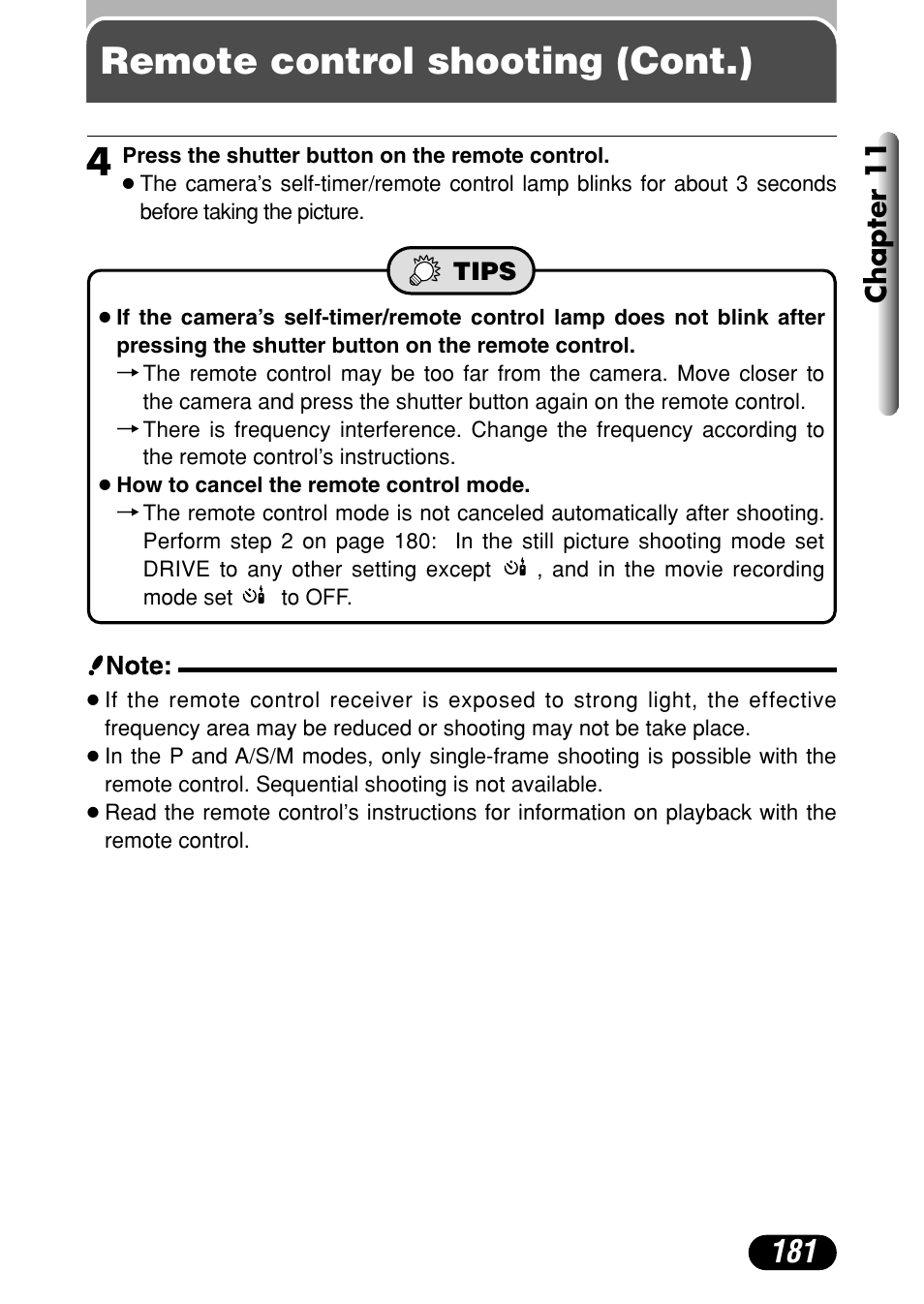 Remote control shooting (cont.), Chapter 11 | Olympus C-4040 Zoom User Manual | Page 181 / 200