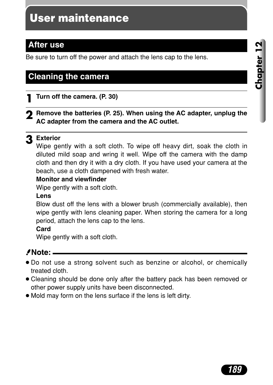 User maintenance, After use 189 cleaning the camera 189 | Olympus C-4040 Zoom User Manual | Page 189 / 200