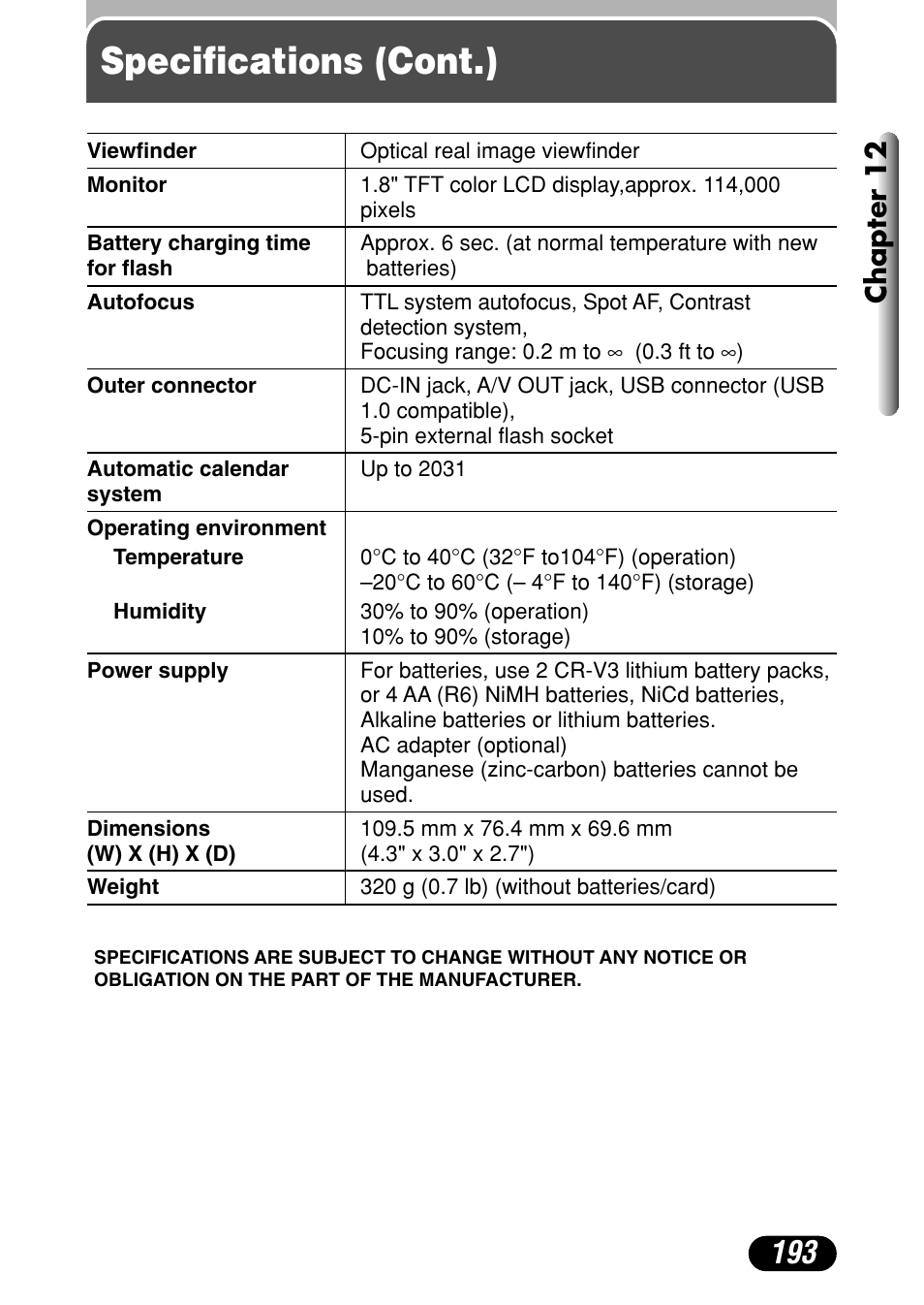 Specifications (cont.), Chapter 12 | Olympus C-4040 Zoom User Manual | Page 193 / 200