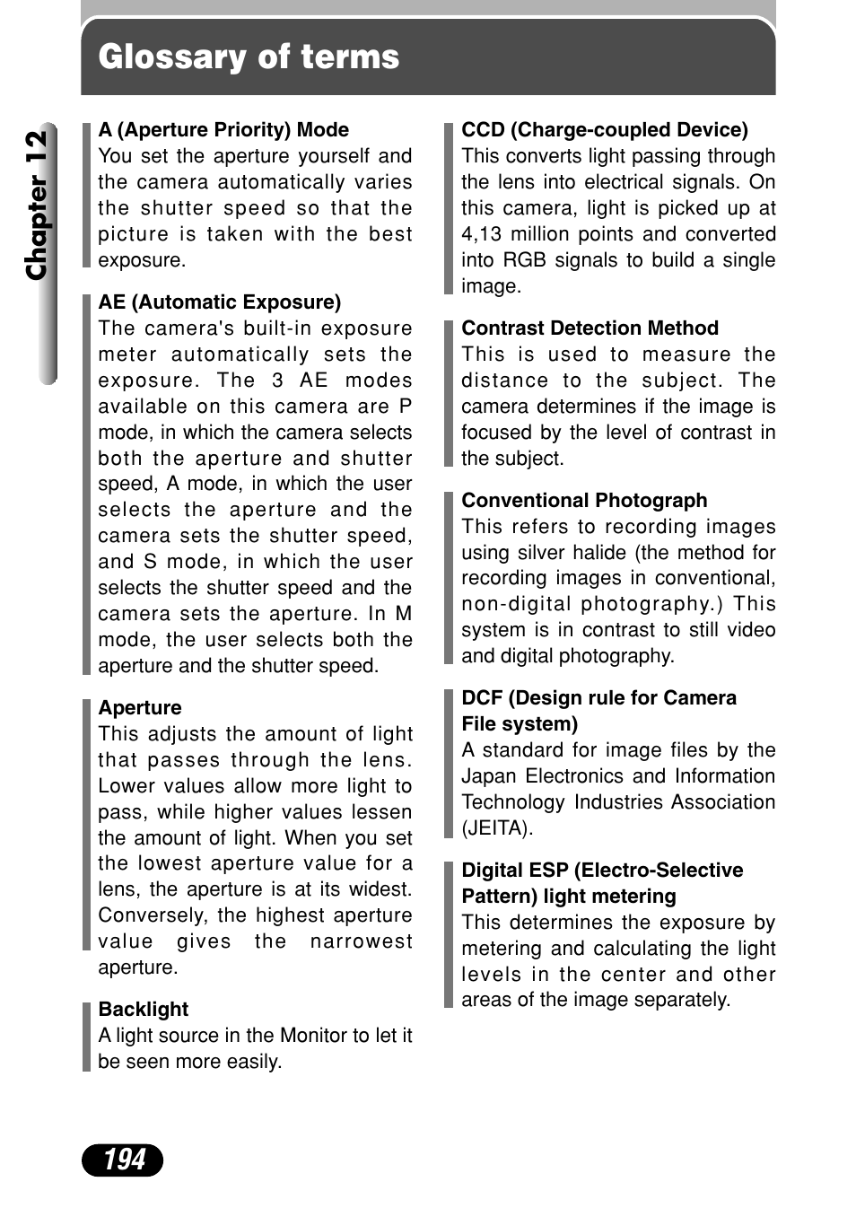 Glossary of terms, Chapter 12 | Olympus C-4040 Zoom User Manual | Page 194 / 200